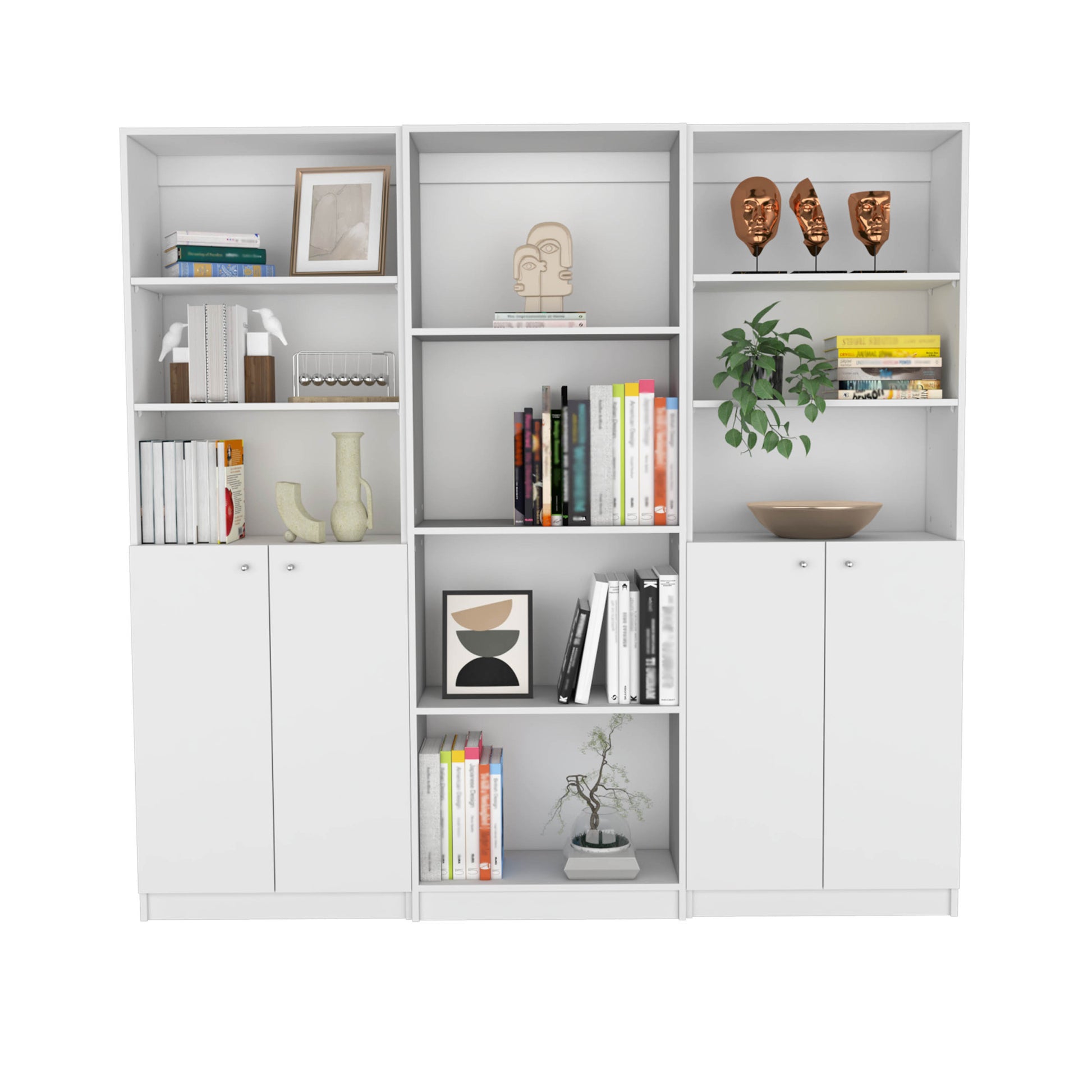 Hialeah 3 Piece Home Bookcase Set, 74" Wide With 10 Shelves And Two Double Door Cabinetliving Room Set White Freestanding White Office Open Storage Space Modern Particle Board