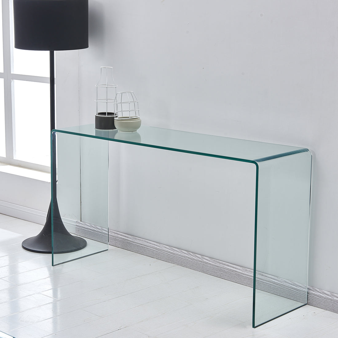 Glass Console Table, Transparent Tempered Glass Console Table With Rounded Edges Desks, Sofa Table Clear Glass