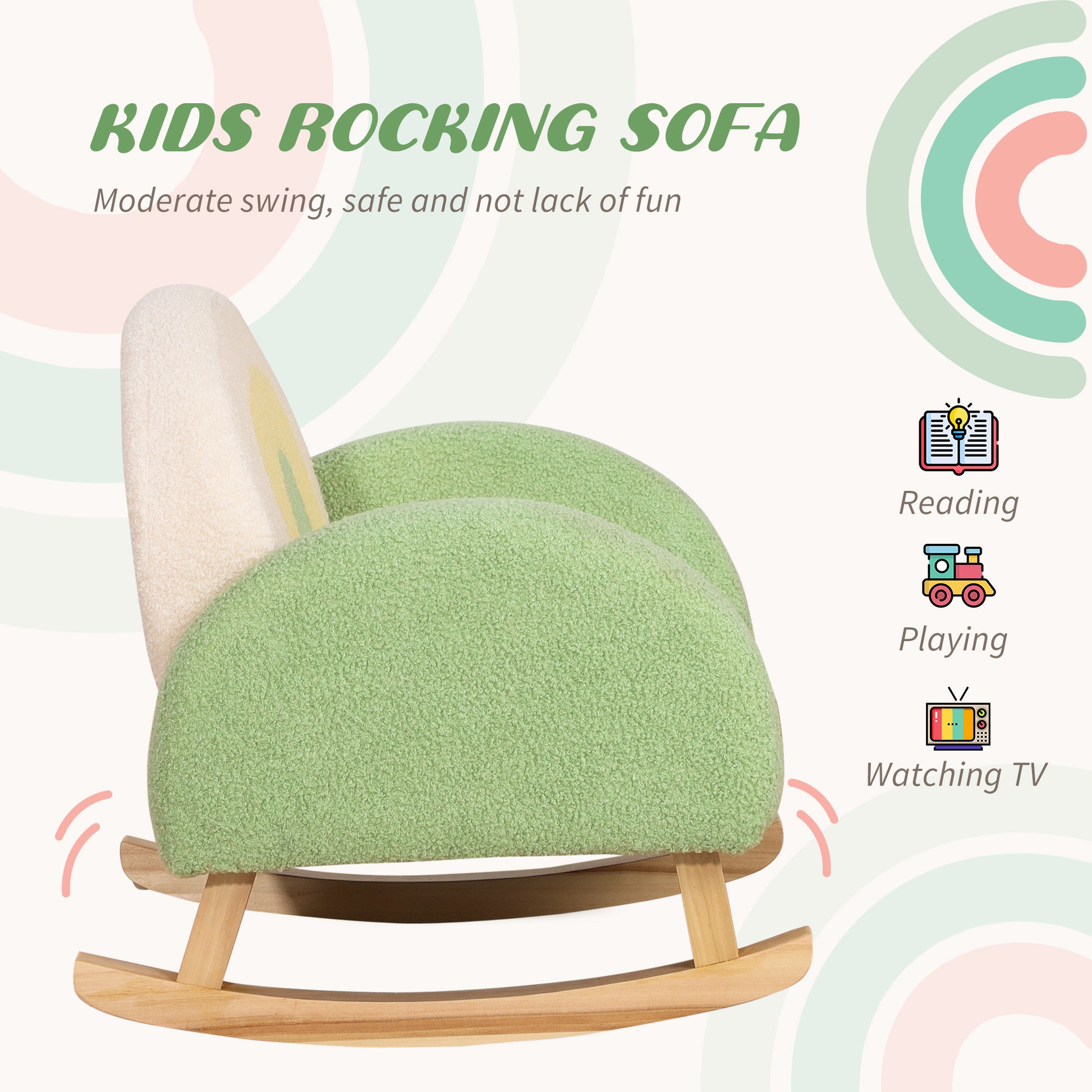 Qaba Kids Sofa, Rocking Toddler Sofa Chair With Solid Wooden Frame, Faux Lamb Fleece Fabric, Kids Arm Chair For Nursery Or Playroom, Ages 18 36 Months, Green Green Foam