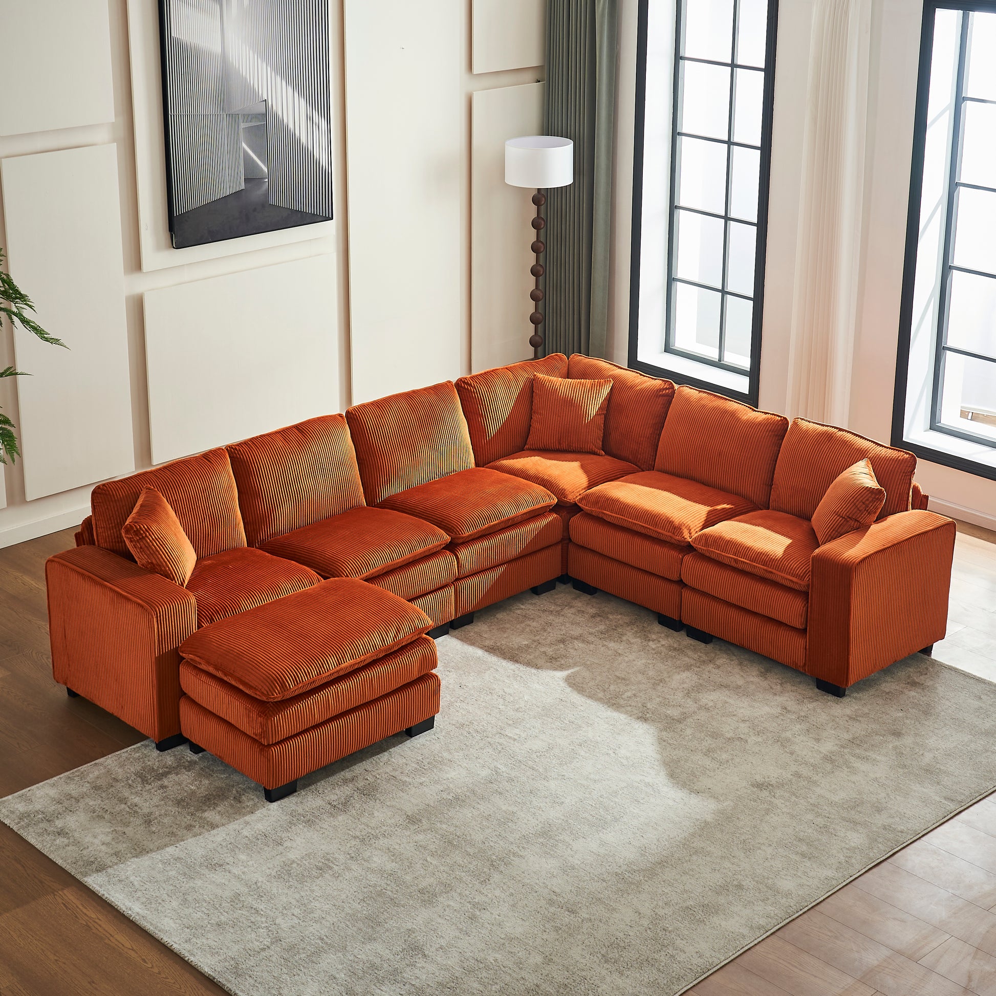 Modern U Shaped 6 Seat Sectional Sofa Couch With One Ottoman And Three Toss Pillows ,Modular Sofa For Living Room,Corduroy Sofa Orange Corduroy 7 Seat