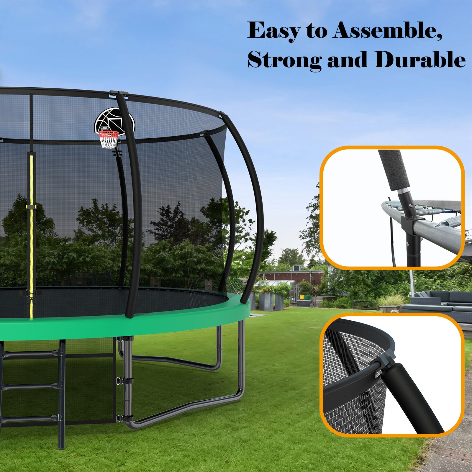 12Ft Recreational Kids Trampoline With Safety Enclosure Net & Ladder, Outdoor Recreational Trampolines Green Metal