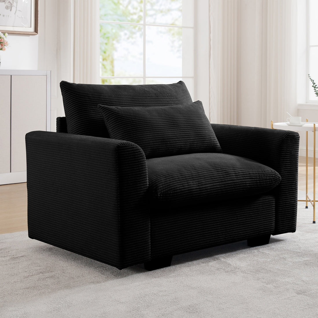 Black Corduroy Deep Seat Single Sofa Accent Chair,Deep Seat Couch With Waist Pillow For Living Room Apartment Office Black Corduroy 1 Seat