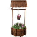 Rustic Wooden Wishing Well Planter Outdoor Home D Cor For Patio, Garden, Yard W Hanging Bucket Brown Wood