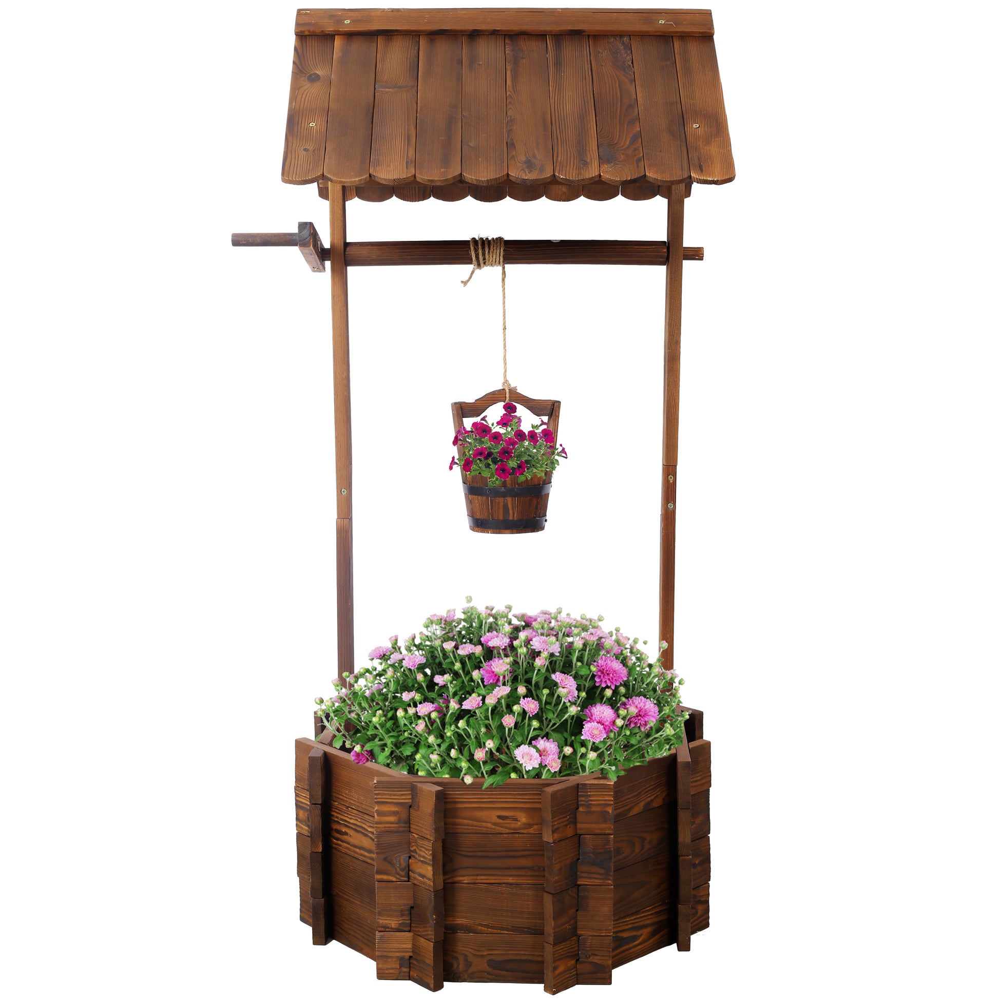 Rustic Wooden Wishing Well Planter Outdoor Home D Cor For Patio, Garden, Yard W Hanging Bucket Brown Wood