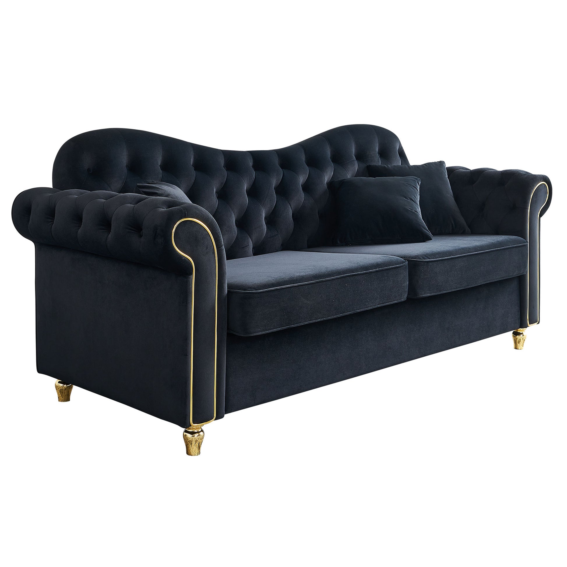 82.68'' Mid Century Modern Velvet Couch Chesterfield Sofa For Living Room,Hotel,Guest Room,Waiting Room, Black Color Black Velvet Wood Primary Living Space Medium Soft Tufted Back Modern Rolled Arms