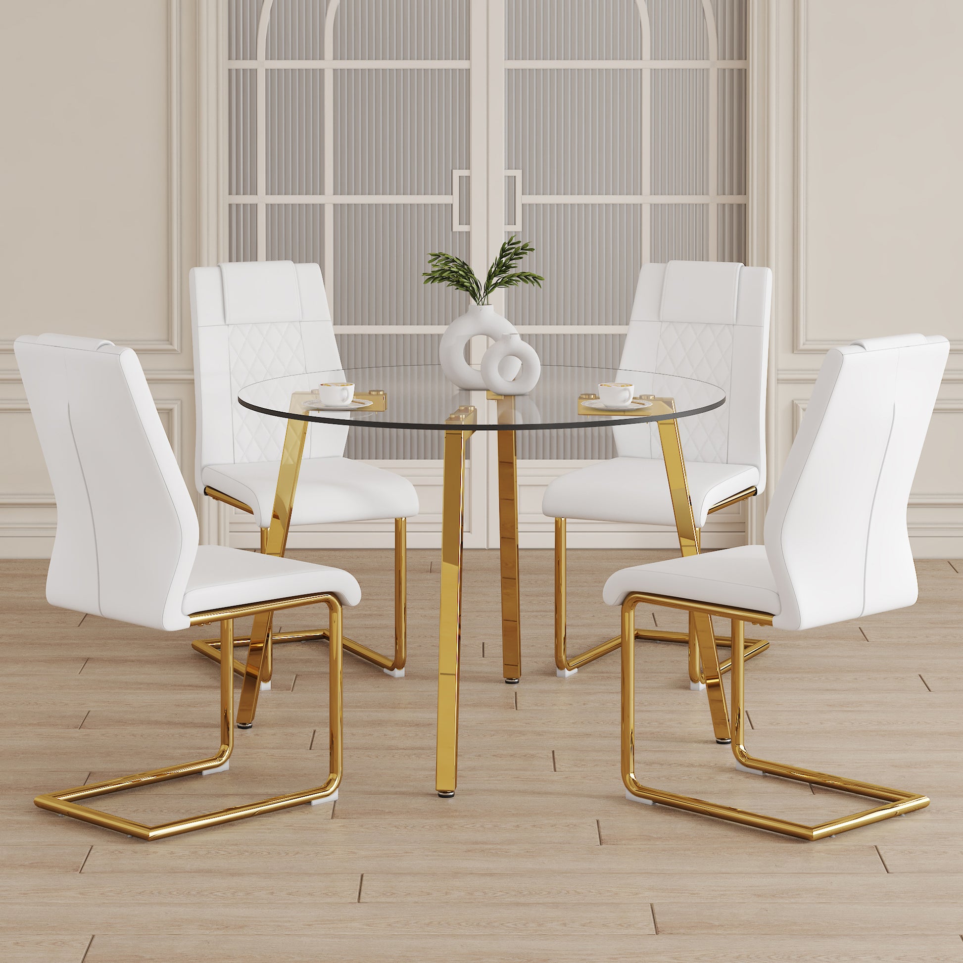 Table And Chair Set.A Modern Minimalist Style Round Clear Tempered Glass Table With Metal Legs.Paried With White Chairs With Modern Pu Leather High Back Upholstered And C Tube Golden Legs. Transparent,White Seats 4 Glass