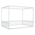 Full Size Canopy Frame Floor Bed With Fence, Guardrails,White Full White American Design Pine