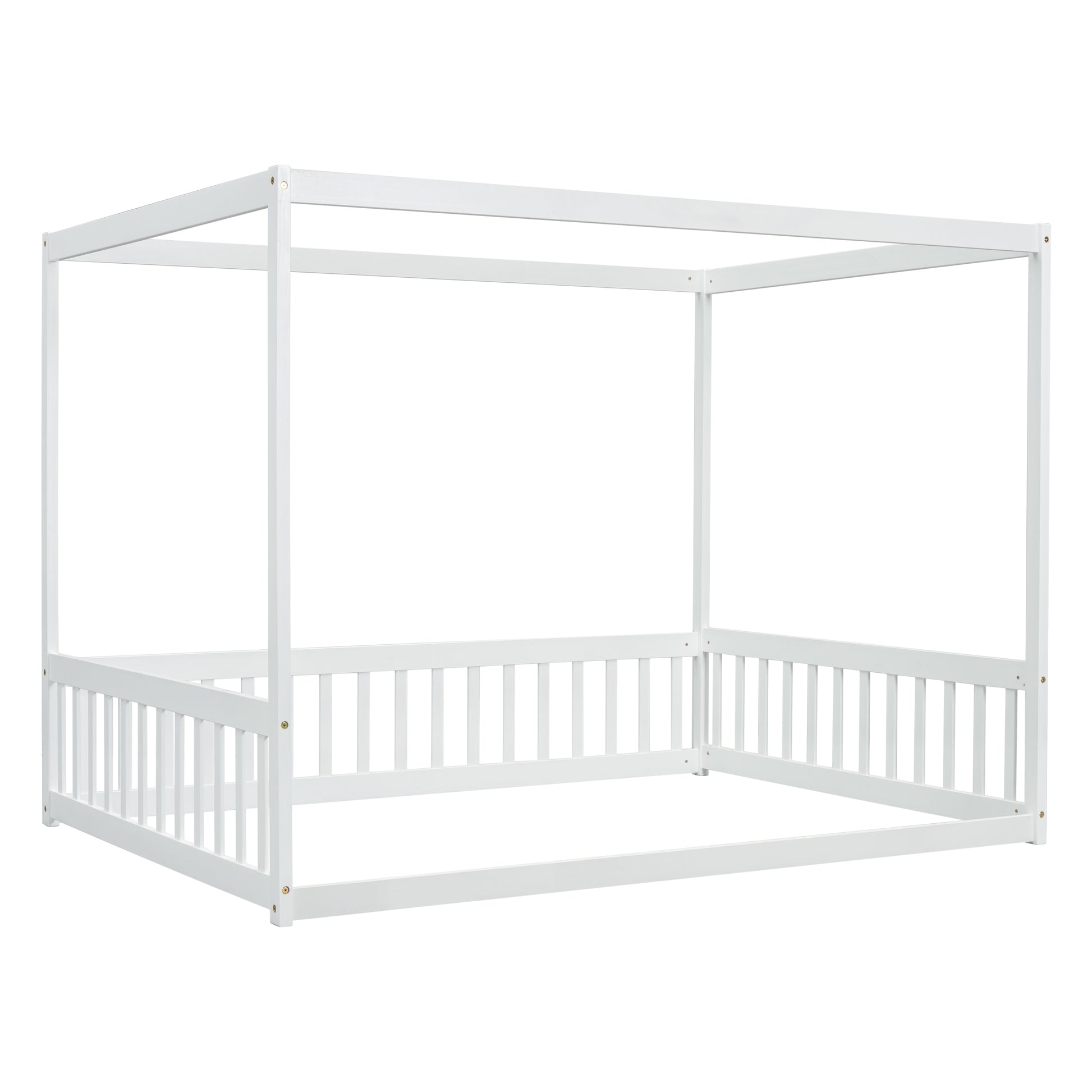 Full Size Canopy Frame Floor Bed With Fence, Guardrails,White Full White American Design Pine