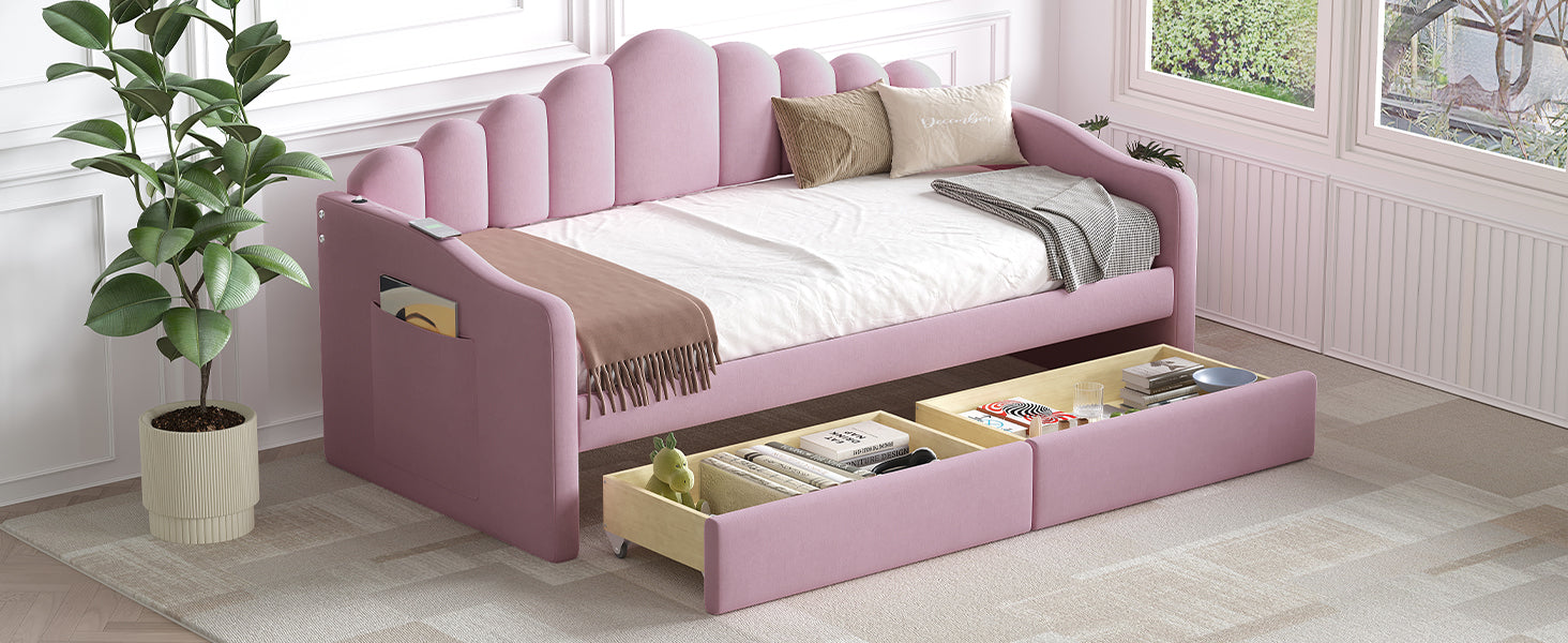 Twin Size Upholstered Daybed With 2 Drawers ,Velvet Sofabed With Usb Charging Ports,No Box Spring Needed,Pink Twin Pink Velvet