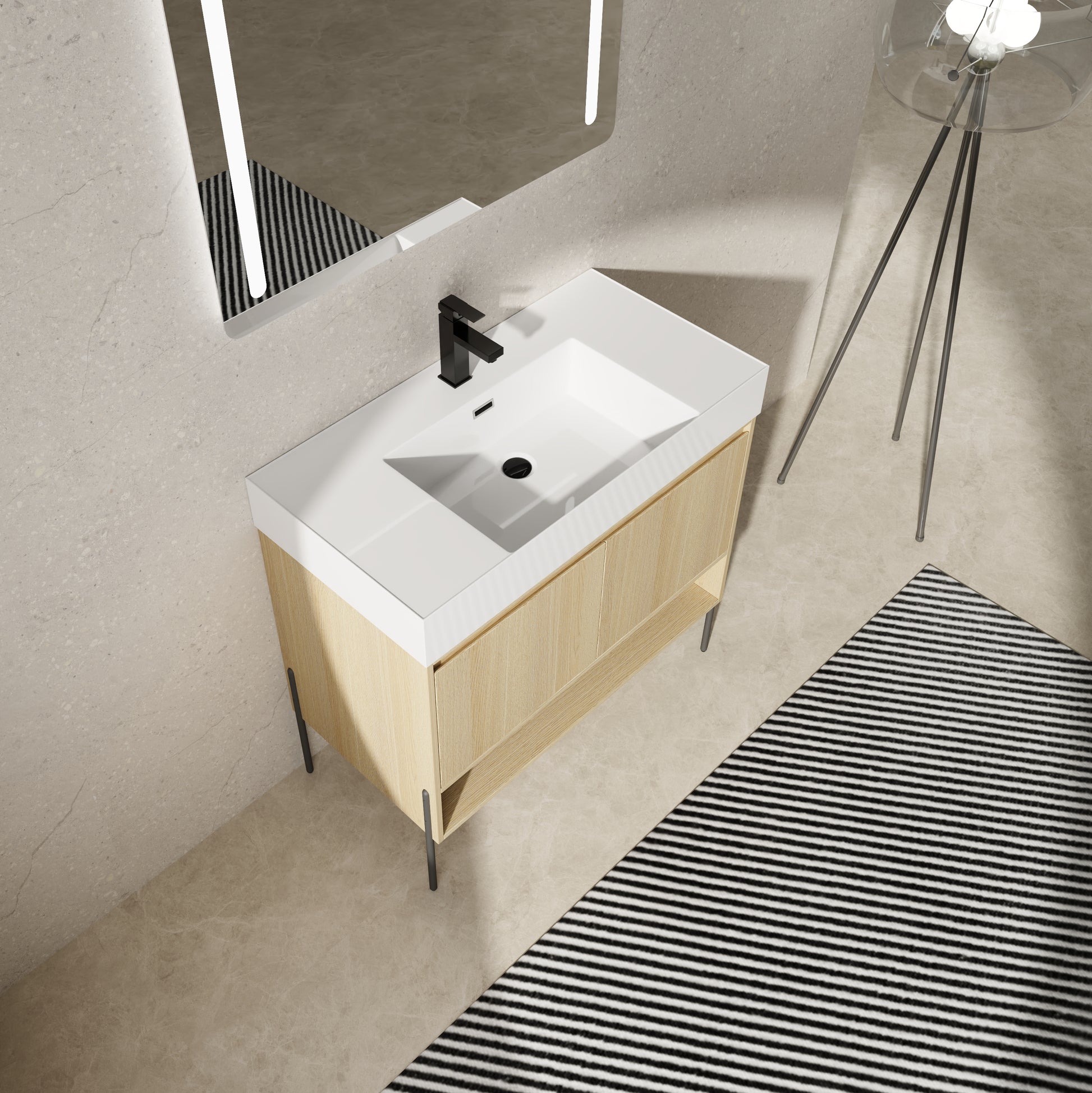 36" Bathroom Vanity Combo W Single Ceramic Sink, Modern Storage Cabinet Set 2 Door, Multilayer Solid Wood, Oak Oak Bathroom American Design Engineered Wood