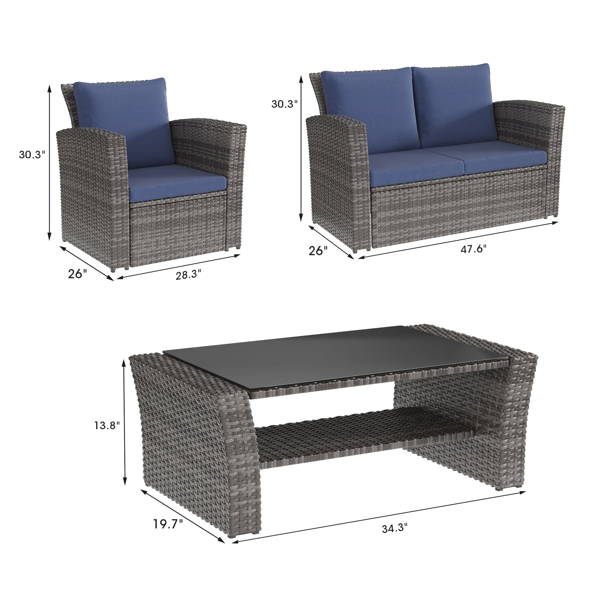 4 Piece Outdoor Patio Furniture Set, Outdoor Sectional Sofa With Tempered Glass Coffee Table And Cushions, Wicker Rattan Patio Set Blue Rattan Fabric