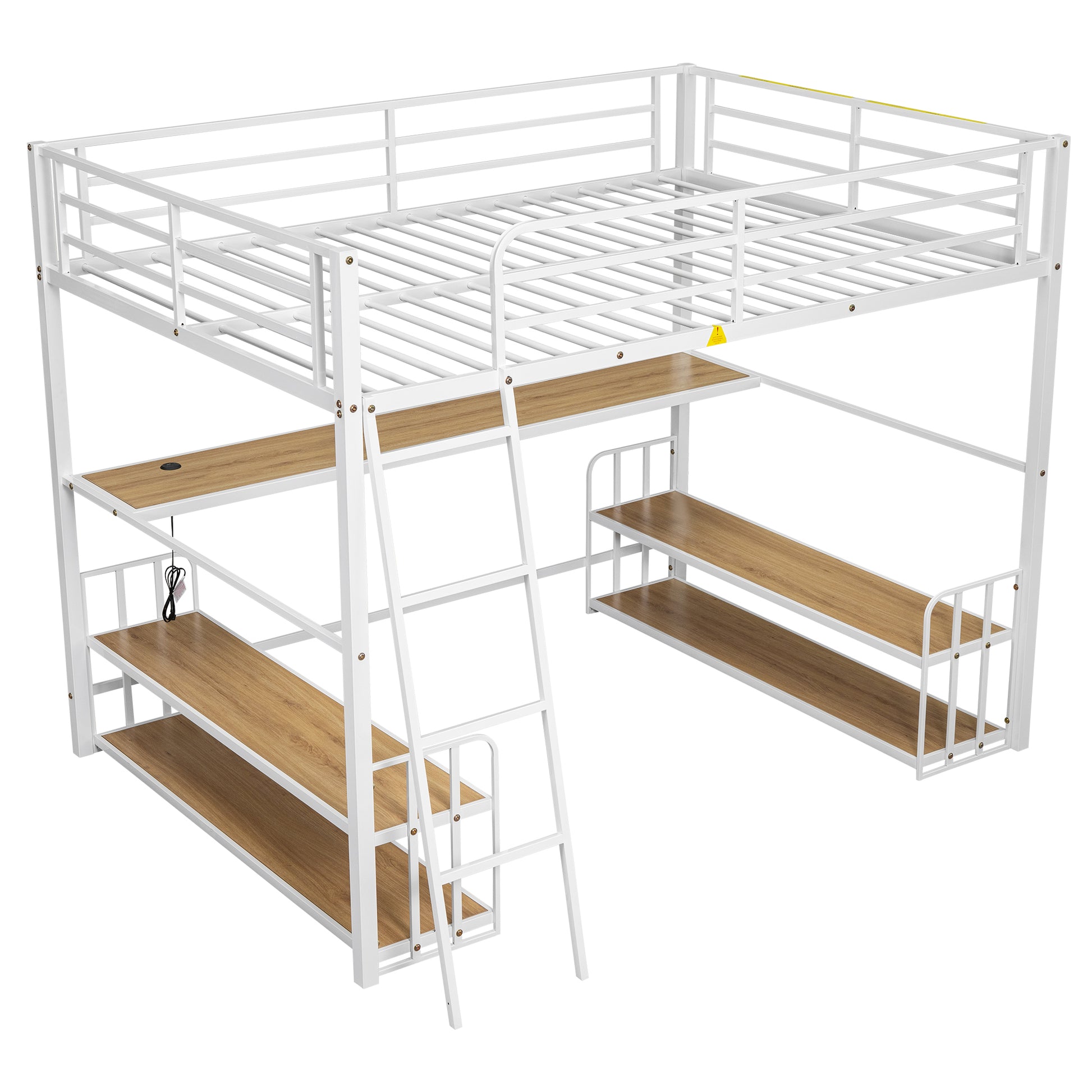 Full Size Metal Loft Bed With Desk, Storage Shelves And Charging Station, White Box Spring Not Required Full White Metal Mdf Metal