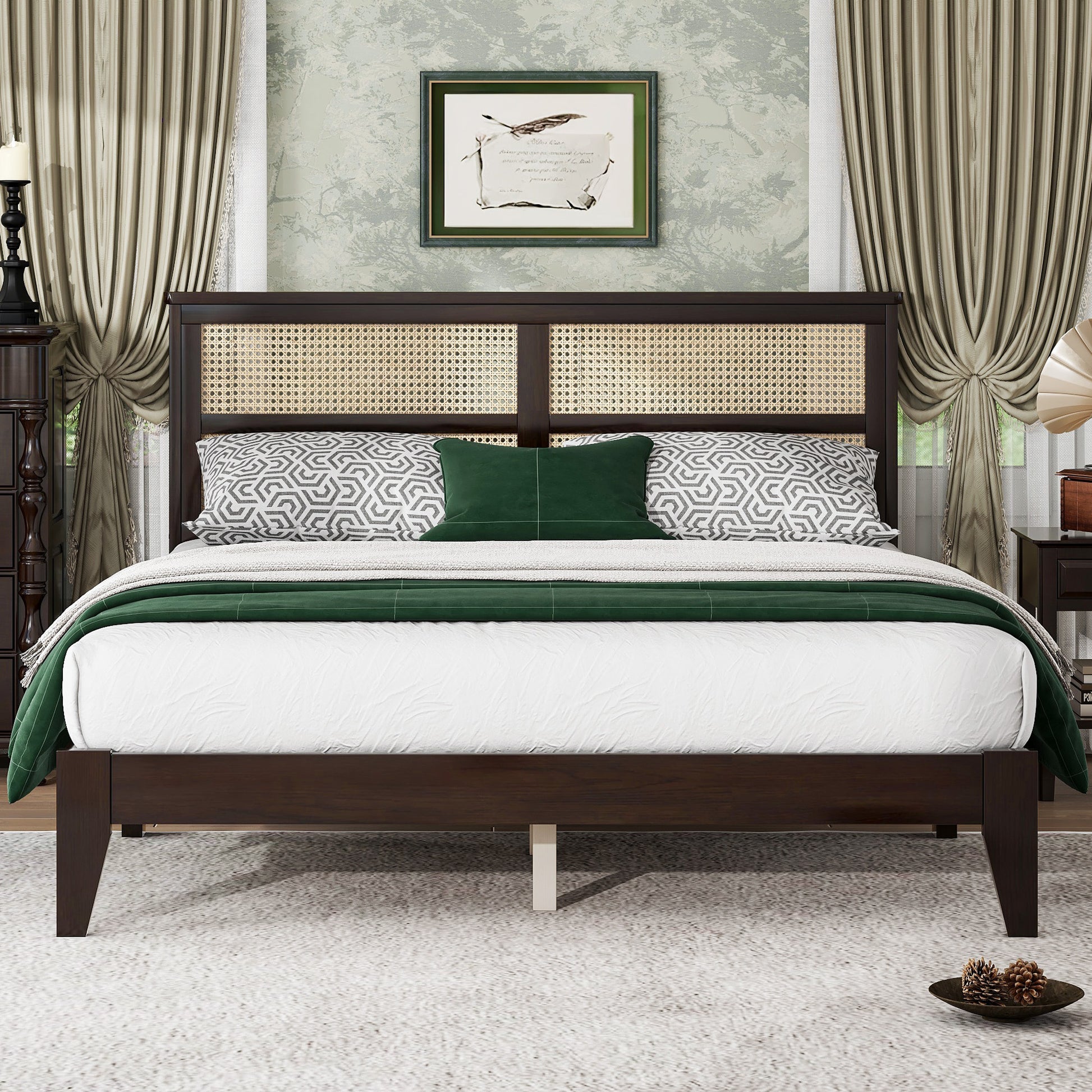Queen Size Rubber Wooden, Solid Wooden Bed With Rattan Headboard, Enhanced By Support Feet,Espresso Queen Espresso Rubber Wood