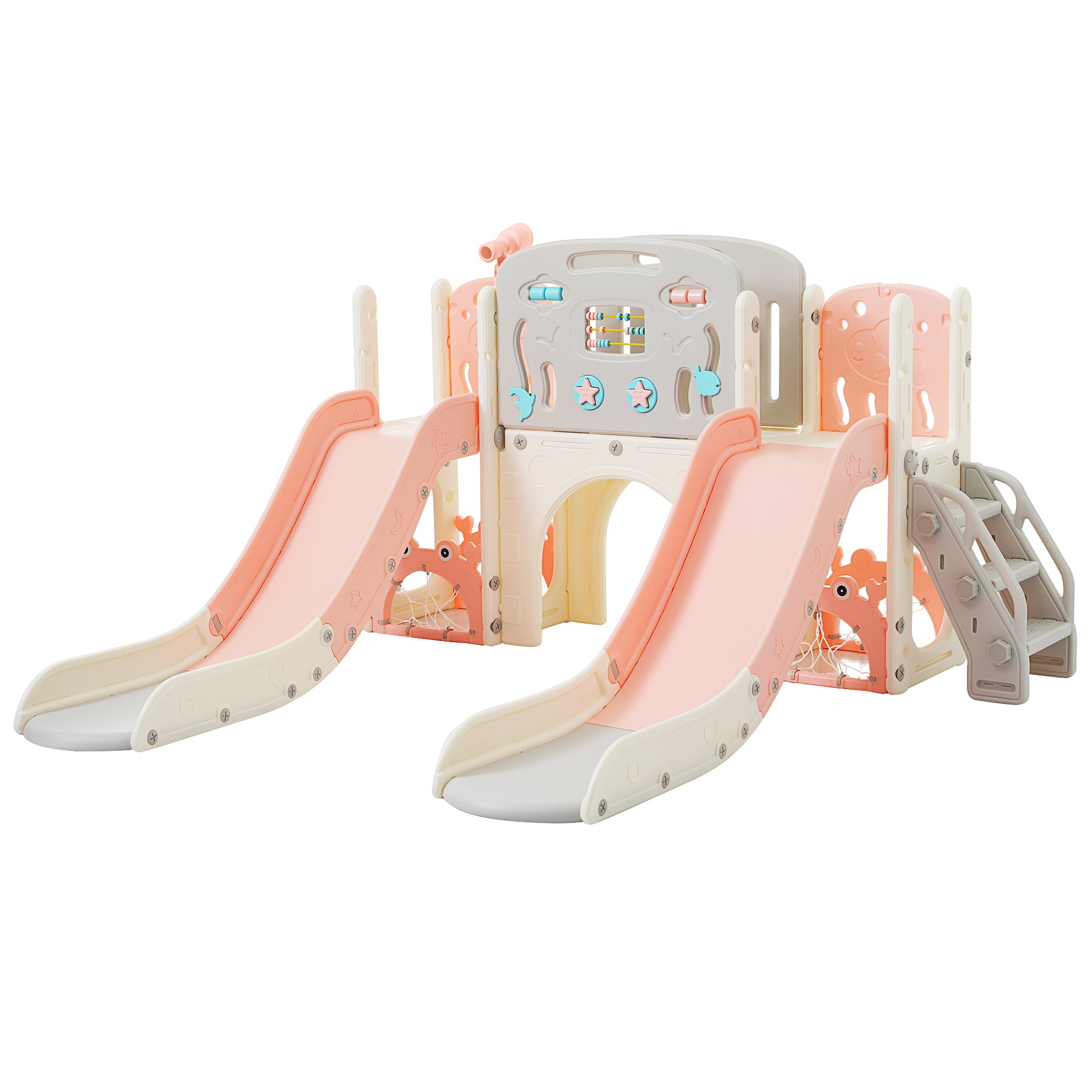 Kids Slide Playset Structure 8 In 1, Freestanding Ocean Themed Set With Slide, Arch Tunnel,Basketball Hoop And Telescope, Double Slides For Toddlers, Kids Climbers Playground Pink 50 99 Lbs Cute 1 To 2 Years Hdpe Indoor & Outdoor Use