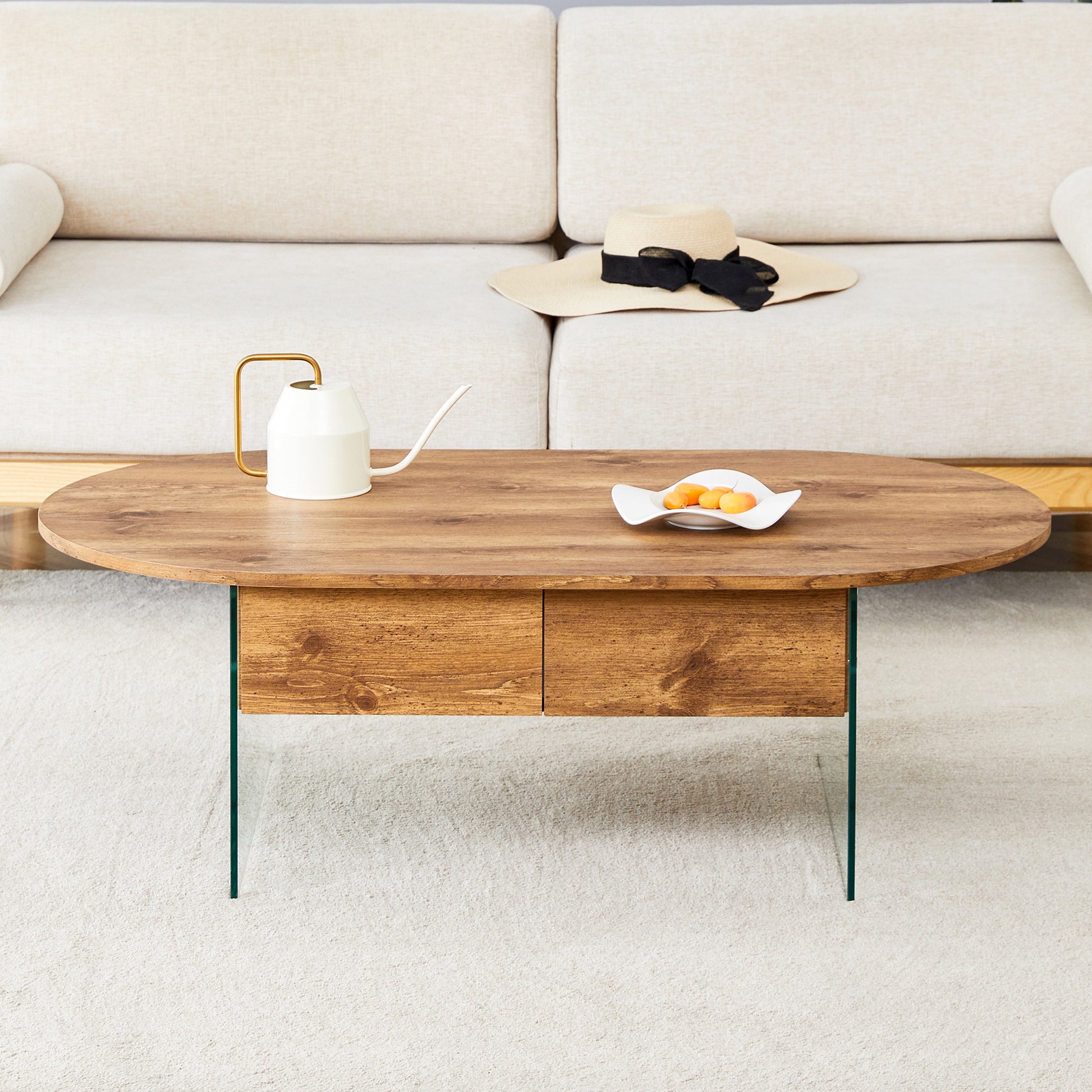 Coffee Table With Double Drawers. The Board Surface Is Mdf Sticker, And Both Sides Are Transparent Tempered Glass. The Design Is Simple And Elegant, With Excellent Storage Functions. Wood Mdf Glass