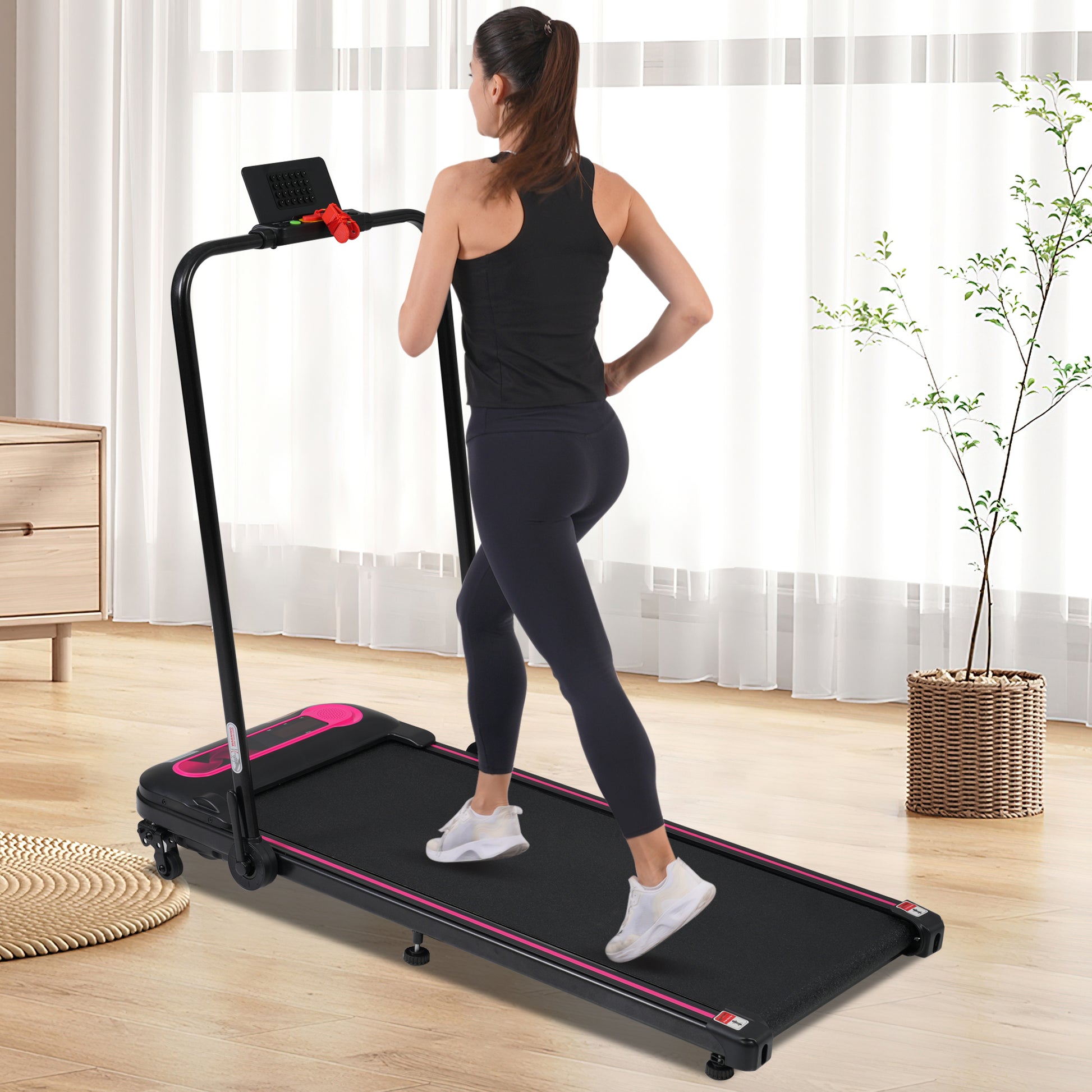 Folding Walking Pad Under Desk Treadmill For Home Office 2.5Hp Walking Treadmill With Incline 0.5 7.5Mph 300Lbs Capacity Treadmill For Walking Running Two Ways To Adjust Speed Indoor Fitness Pink