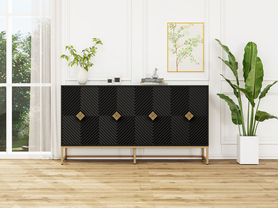 Carved 4 Door Sideboard ,Sideboard Buffet Cabinet With Storage ,Modern Coffee Bar Cabinet With Adjustable Shelf For Living Room,Diningroom,Kitchen Black Particle Board Mdf