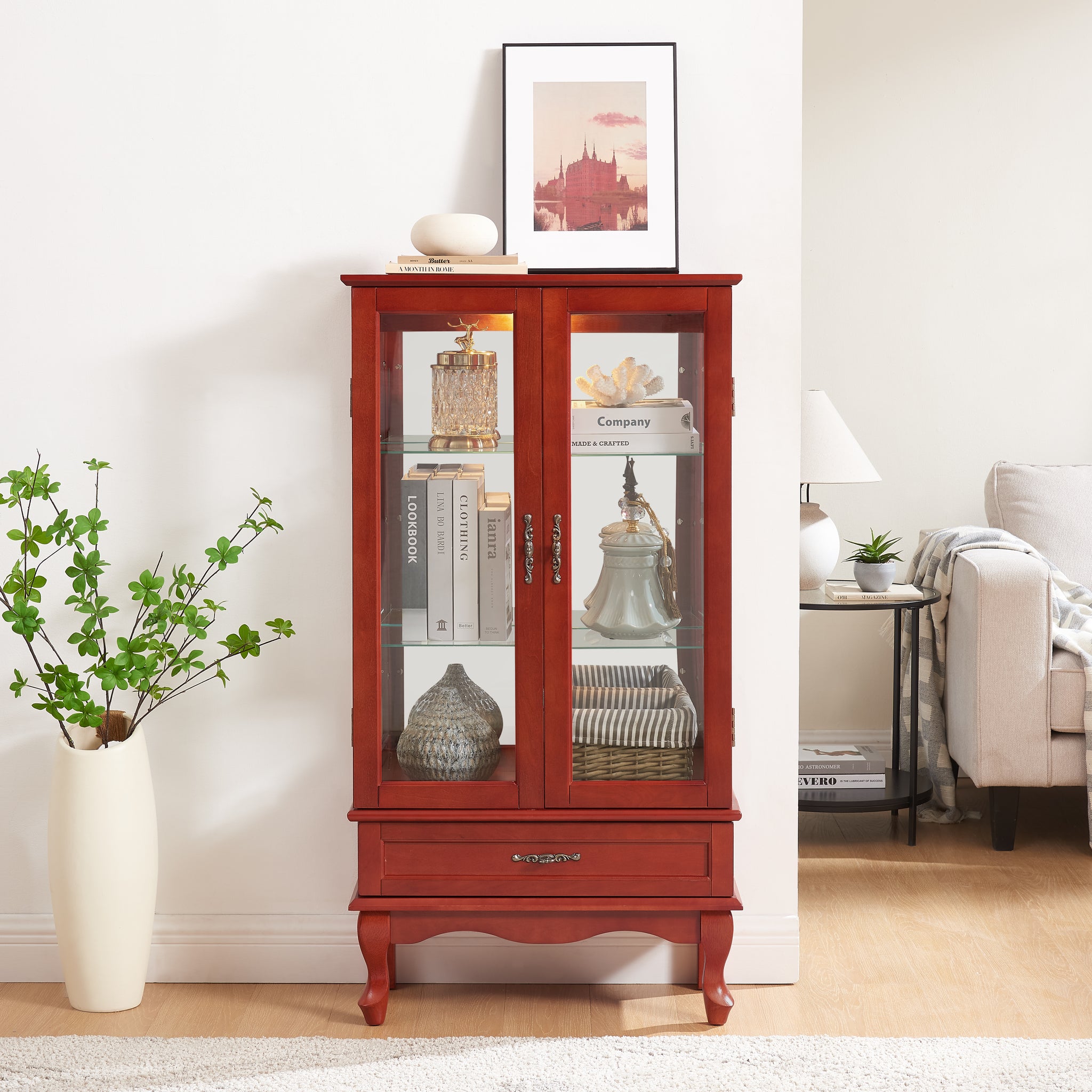 Lighted Glass Cabinet Glass Wine Cabinet Curio Display Cabinet With Adjustable Glass Shelves 2 Doors And 1 Drawer Cabinet Bulb Included Cherry Cherry Mdf Glass