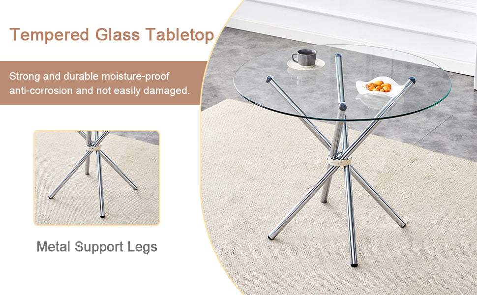 Table And Chair Set.36.6"Round Clear Glass Dining Table With A Unique Shape With Ring Shaped Gathered Silver Metal Legs.Paired With 4 Light Gray High Quality Pu Dining Chairs With Silver Metal Legs.