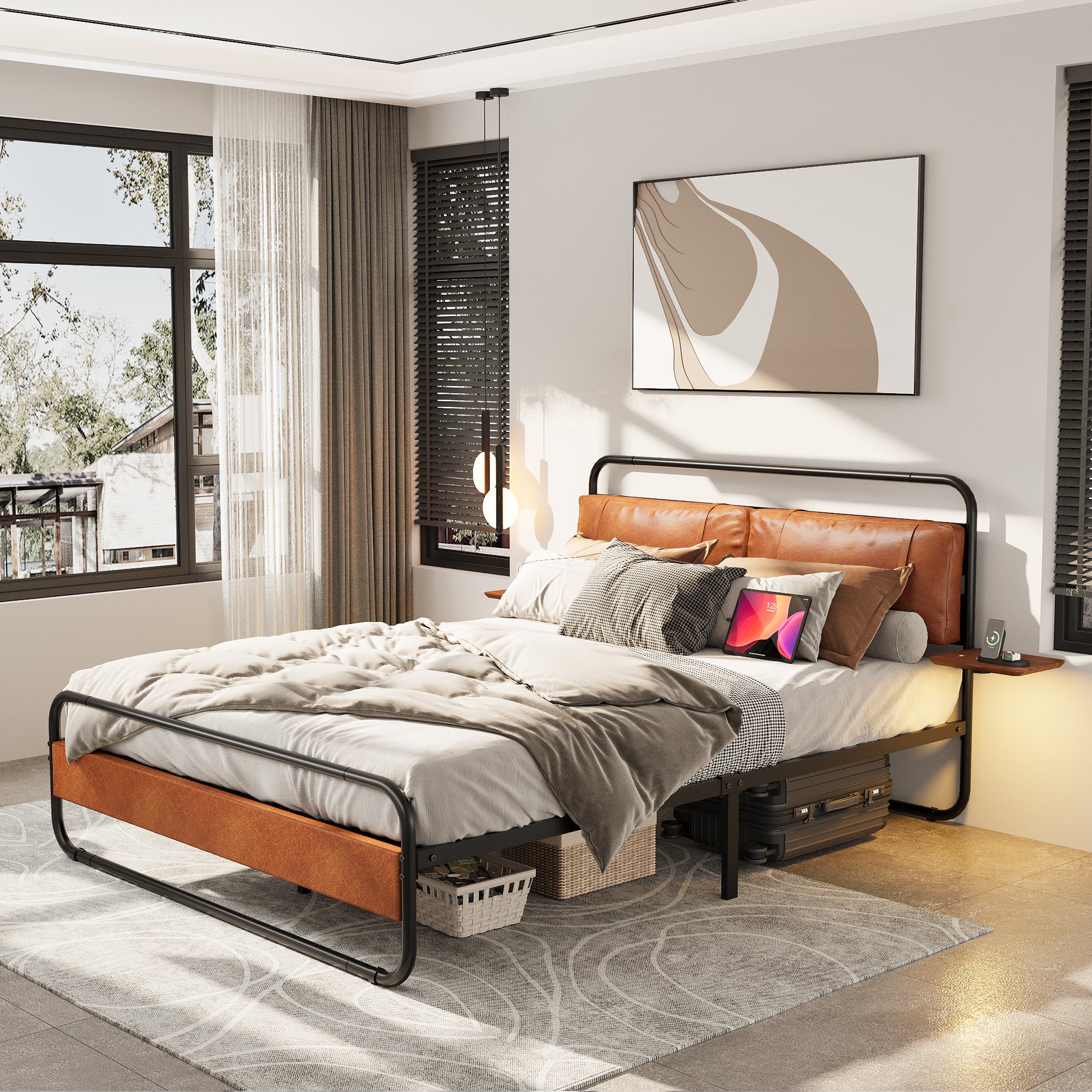 King Size Metal Bed Frame With Upholstered Headboard, With Wireless Charging And Usb A & Usb C, Touch Led Light,Oval Shaped Platform Bed With Under Bed Storage, No Box Spring Needed, Vintage Brown Box Spring Not Required King Antique Brown Metal Bedroom