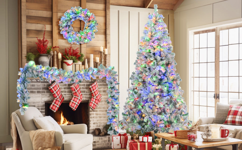 6Ft Snow Flocked Christmas Tree, Pre Lit Set With Tree & Garland & Wreath, Artificial Hinged Xmas Tree With Colorful Led Lights, 8 Lighting Modes, Pine Cones, Holiday D Cor For Home White Green Pvc