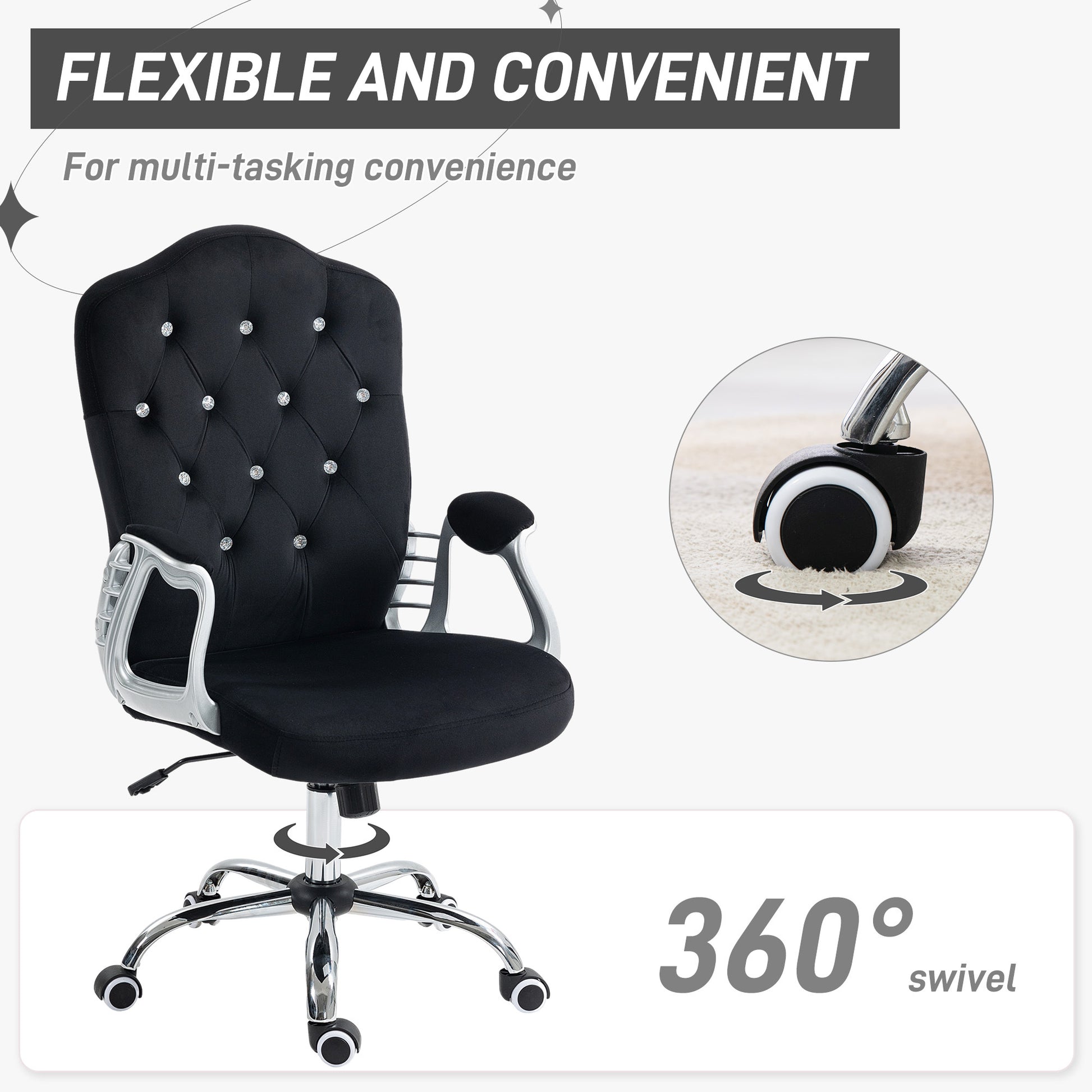 Vinsetto Home Office Chair, Velvet Computer Chair, Button Tufted Desk Chair With Swivel Wheels, Adjustable Height, And Tilt Function, Black Black Polyester