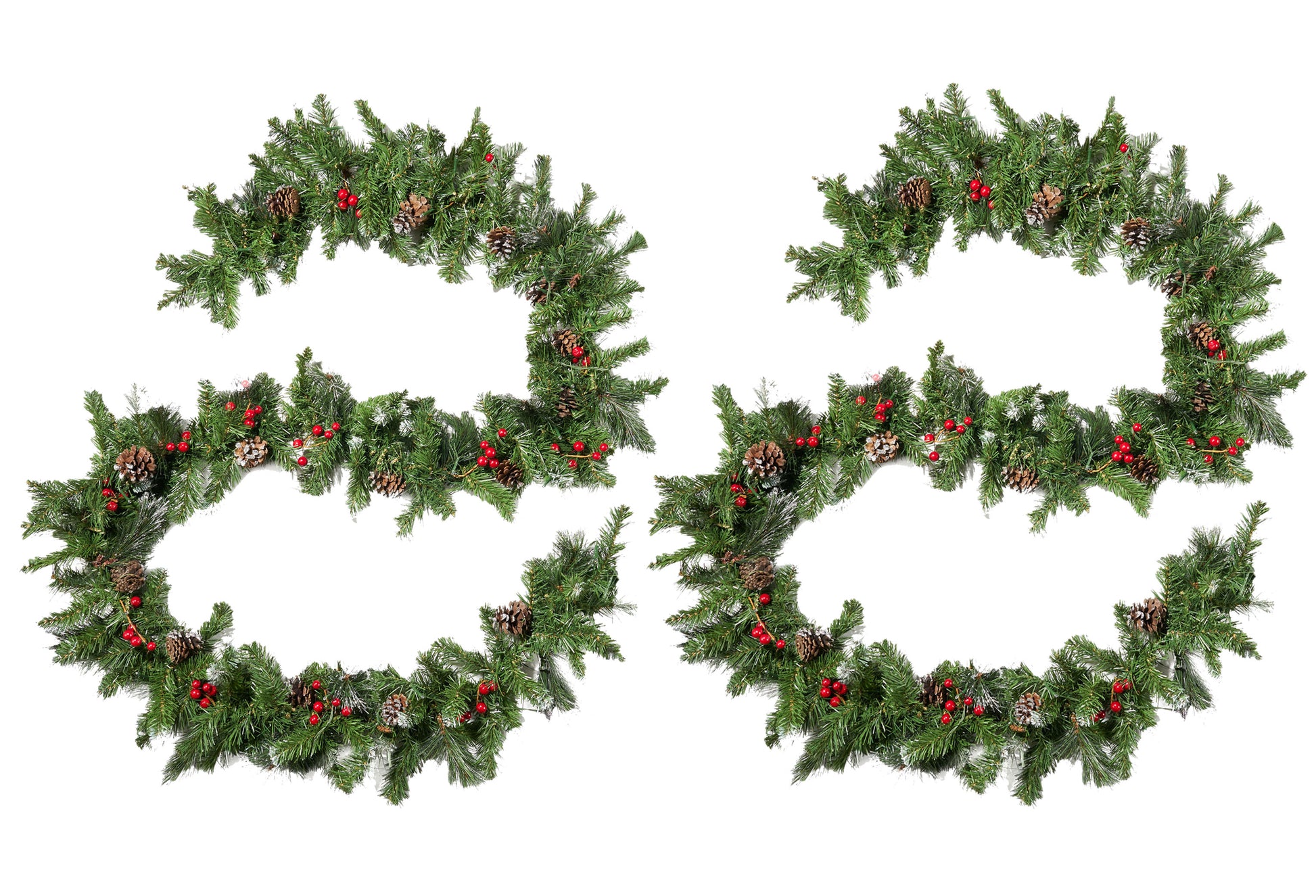 2 Packed 9'X10'' Glitter Bristle Mixed Garland With 15 Red Berry And 15 Pine Cones And With 50 Warm White Led Lights With Timer Battery Operated Outdoor,180 Tips Green Pvc