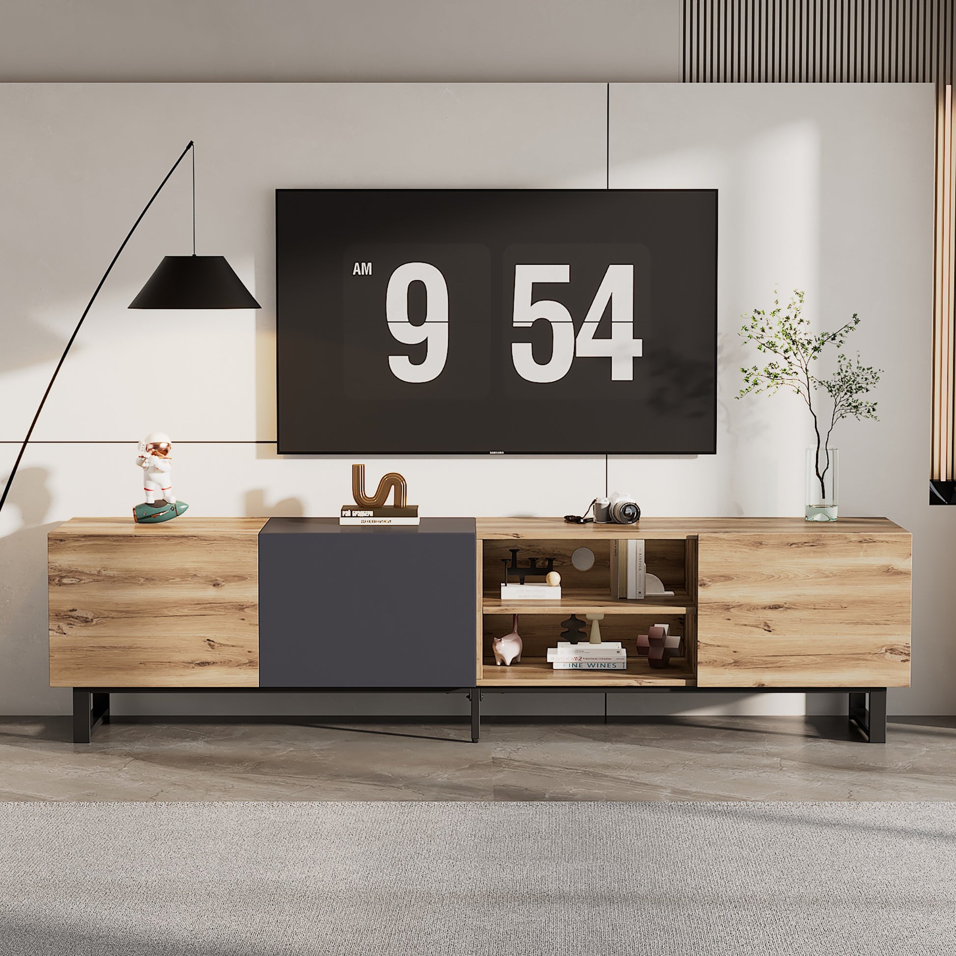 Modern Tv With 3 Cabinets& Open Shelves, Color Matching Media Console Table For Tvs Up To 80'', Entertainment Center With Drop Down Door For Living Room, Bedroom, Home Theatre Wood Brown Primary