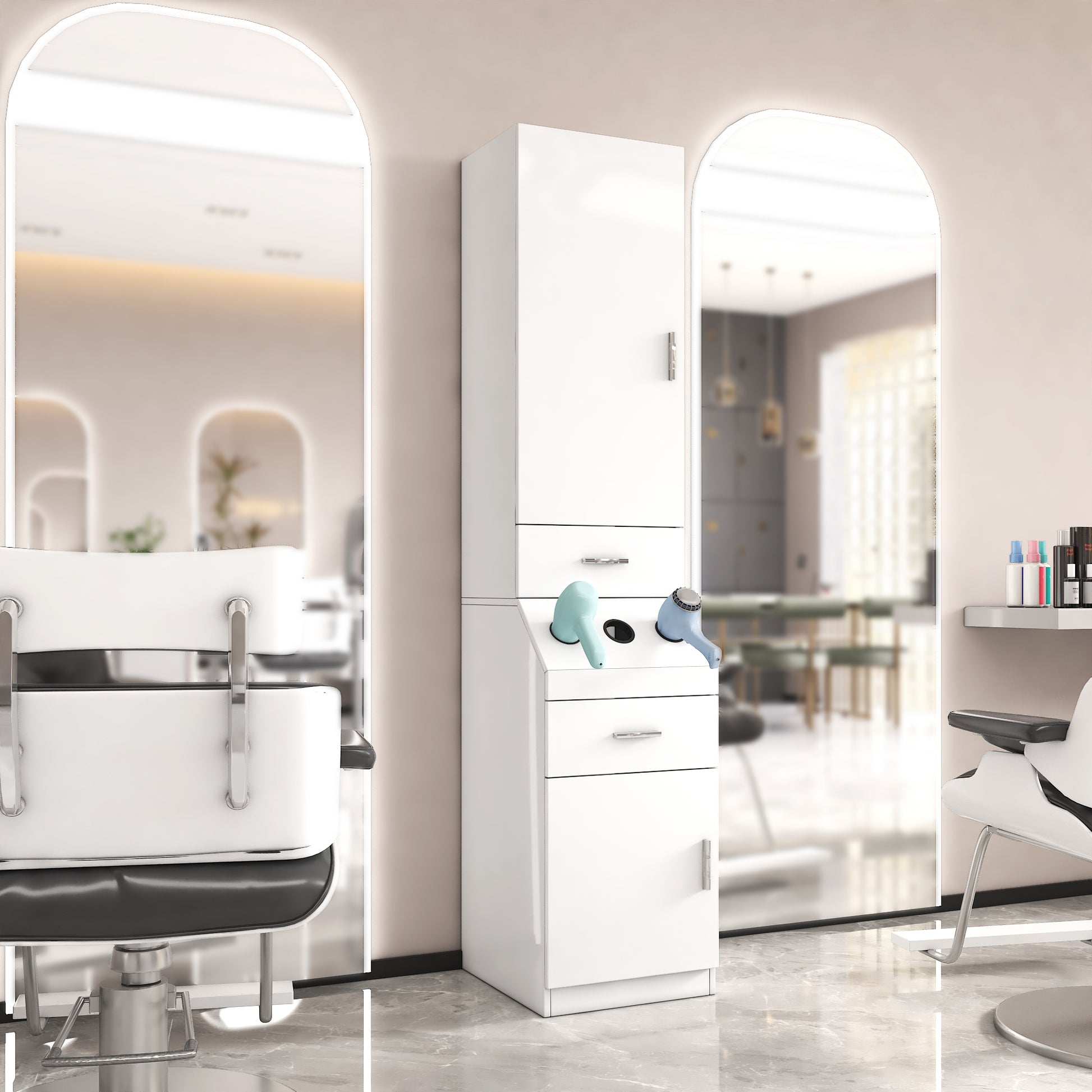 Salon Station, Barber Stations With 2 Tier Storage Shelf With Door, Hair Styling Storage Cabinet With 2 Drawer, A Large Storage Cabinet & 3 Hot Tool Holders White Particle Board Mdf