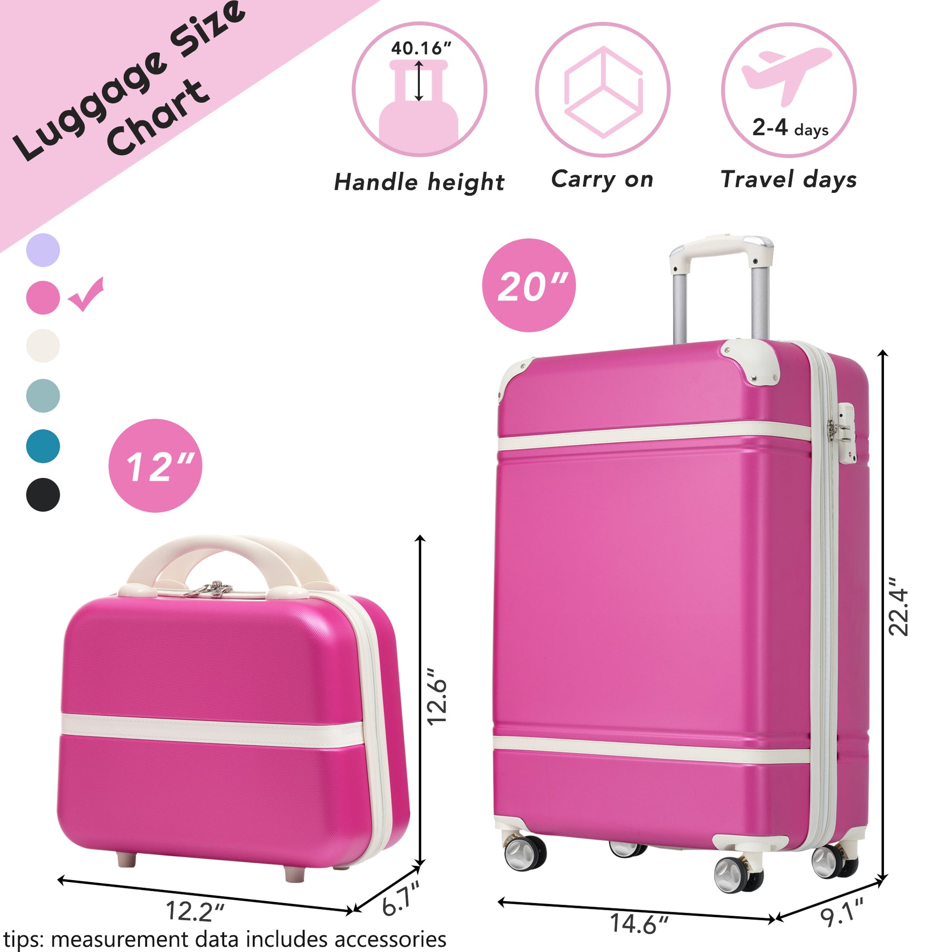 20 In Hardside Luggage With Cosmetic Case2 Piece Lightweight Suitcase Set With Spinner Wheels, Carry On Vintage Luggage,Pink Pink Abs