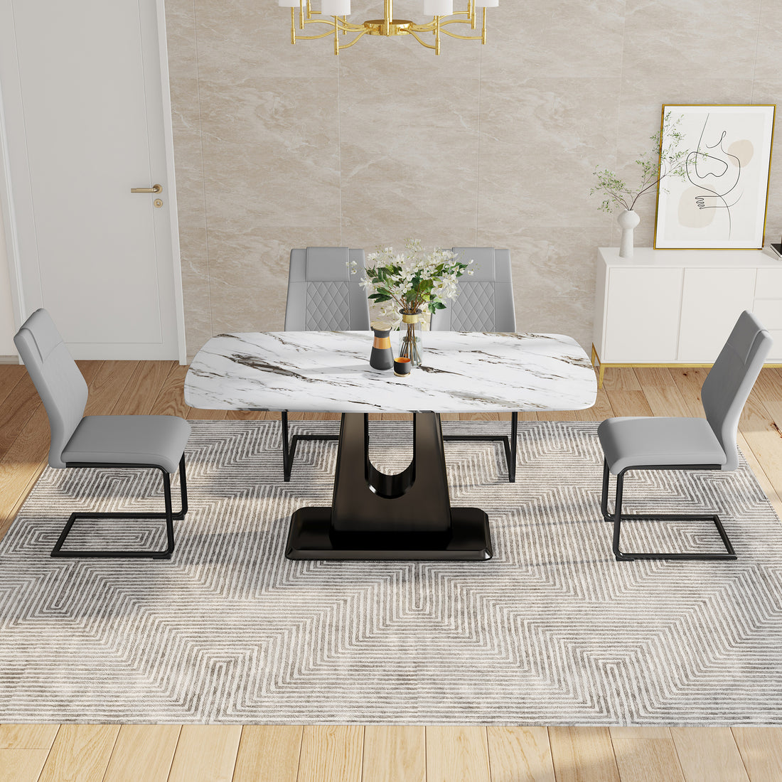 Table And Chair Set, Modern And Minimalist Dining Table, Imitation Marble Patterned Tabletop, Mdf Legs With U Shaped Brackets. Paired With Comfortable Chairs, Suitable For Dining And Living Rooms. Black Mdf Glass