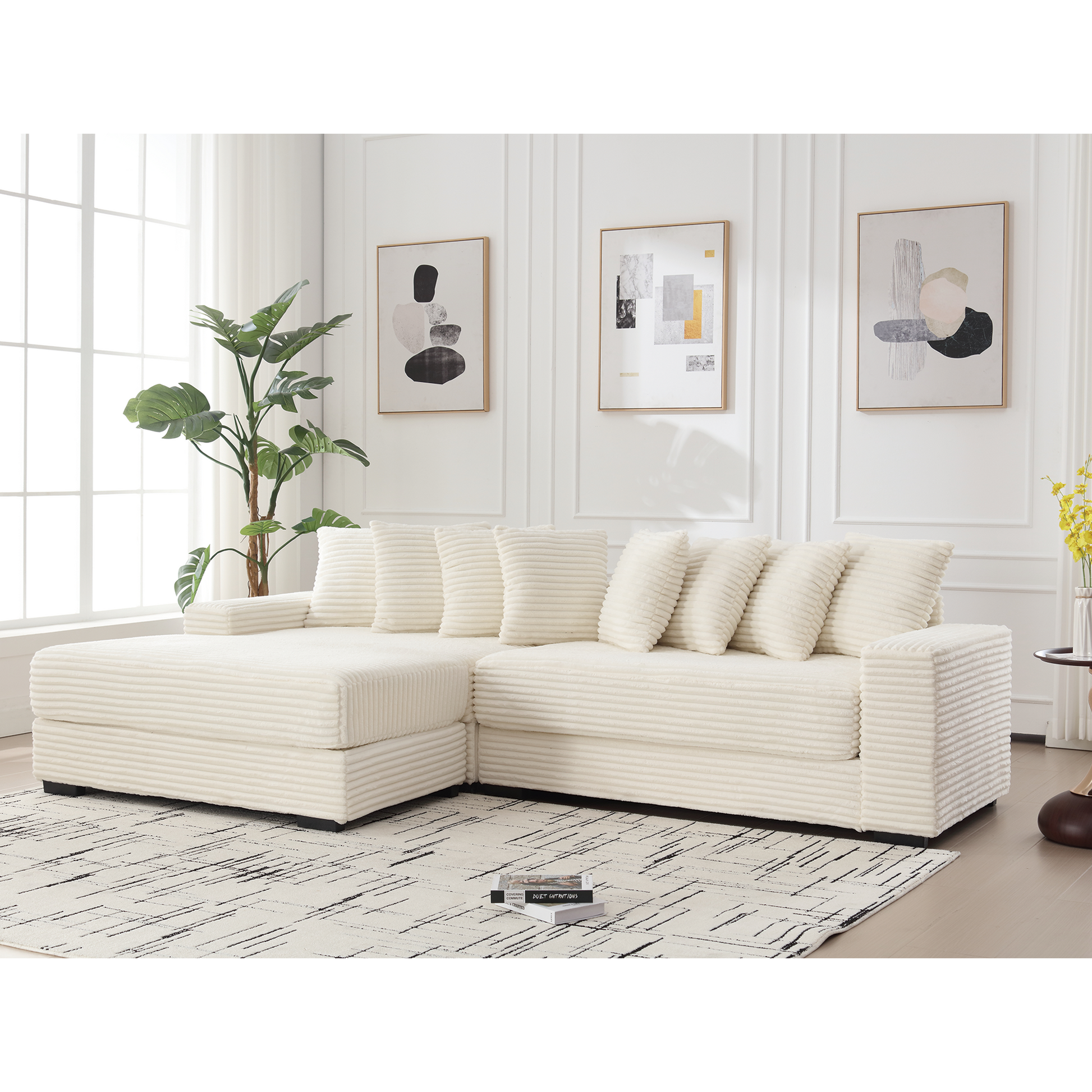 Arrived Oversized Two Piece Couches, L Shaped Sofa, Corduroy, Left Chaise Daybed,With Armrests,Eight Throw Pillows,Corner Sofa,Easy To Assemble, Beige Beige Polyester Wood Primary Living Space Pillow Back Medium Soft Modern Square Arms Wood 3 Seat