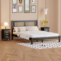 3 Pieces Bedroom Sets Queen Size Wooden Platform Bed With Natural Rattan Headboard, Nightstands Set Of 2 With Rattan Woven Surfaces And Three Drawers For Bedroom, Black Black Particle Board