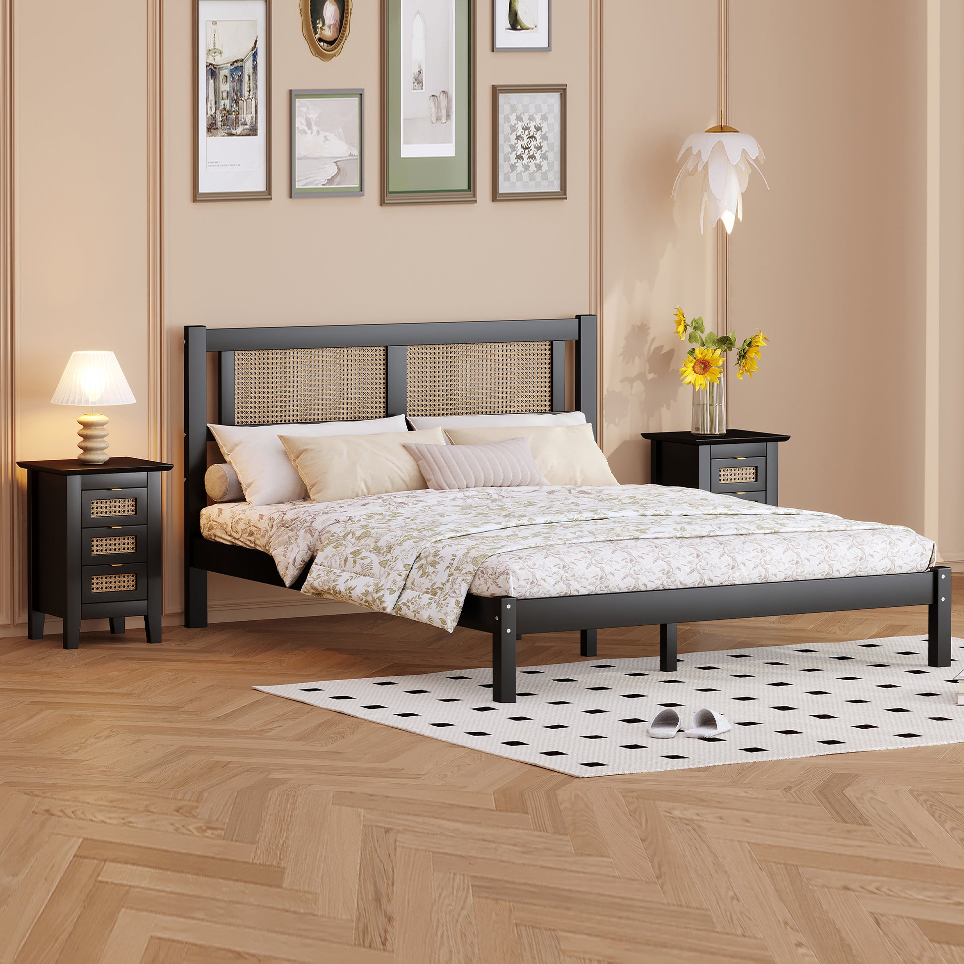 3 Pieces Bedroom Sets Queen Size Wooden Platform Bed With Natural Rattan Headboard, Nightstands Set Of 2 With Rattan Woven Surfaces And Three Drawers For Bedroom, Black Black Particle Board