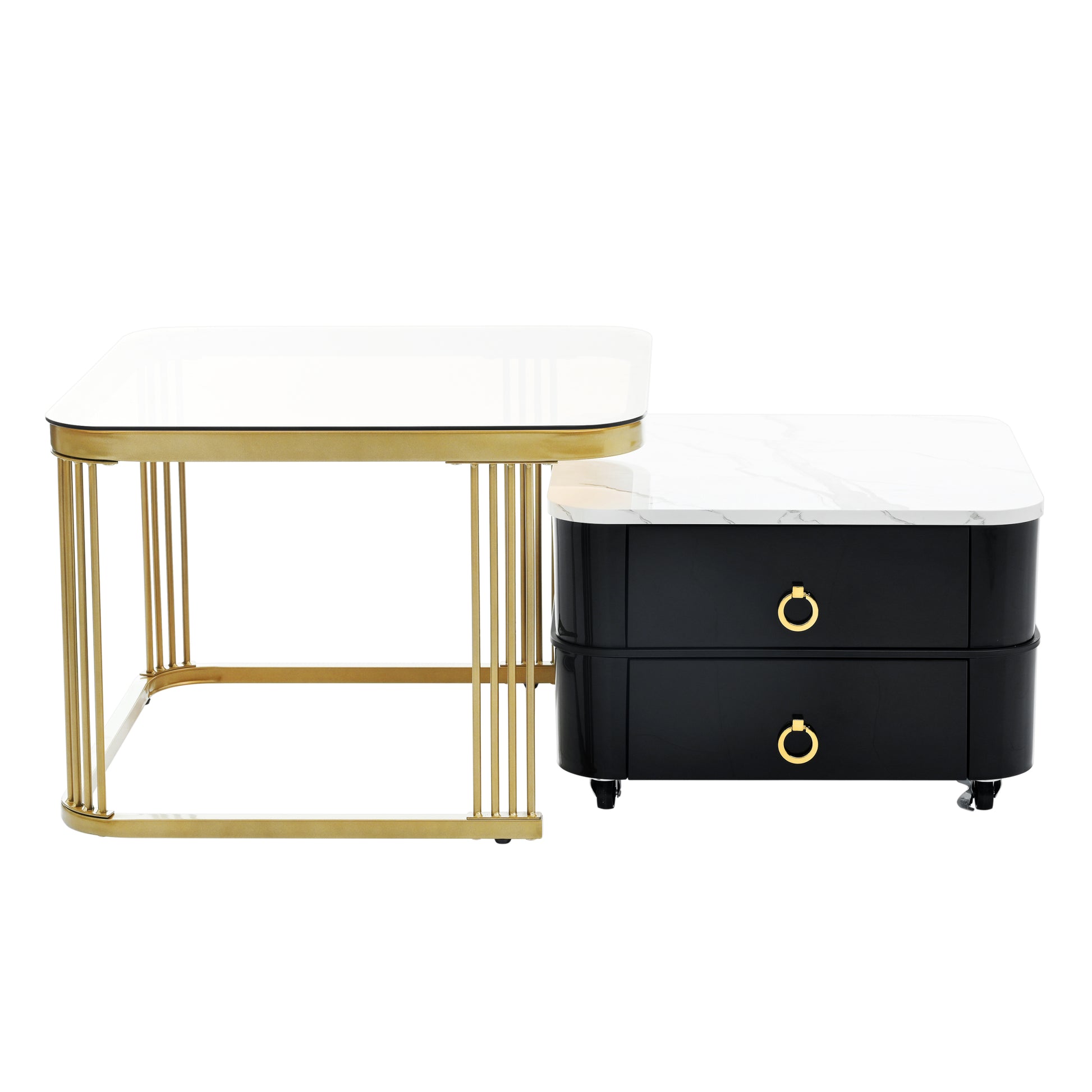 2 In 1 Square Nesting Coffee Table With Wheels & Drawers, Stackable Side Table With High Gloss Marble Grain Top, End Table Set With Brown Tempered Glass For Living Room, Black Black Gold Primary Living Space Drawers Square Mdf Steel
