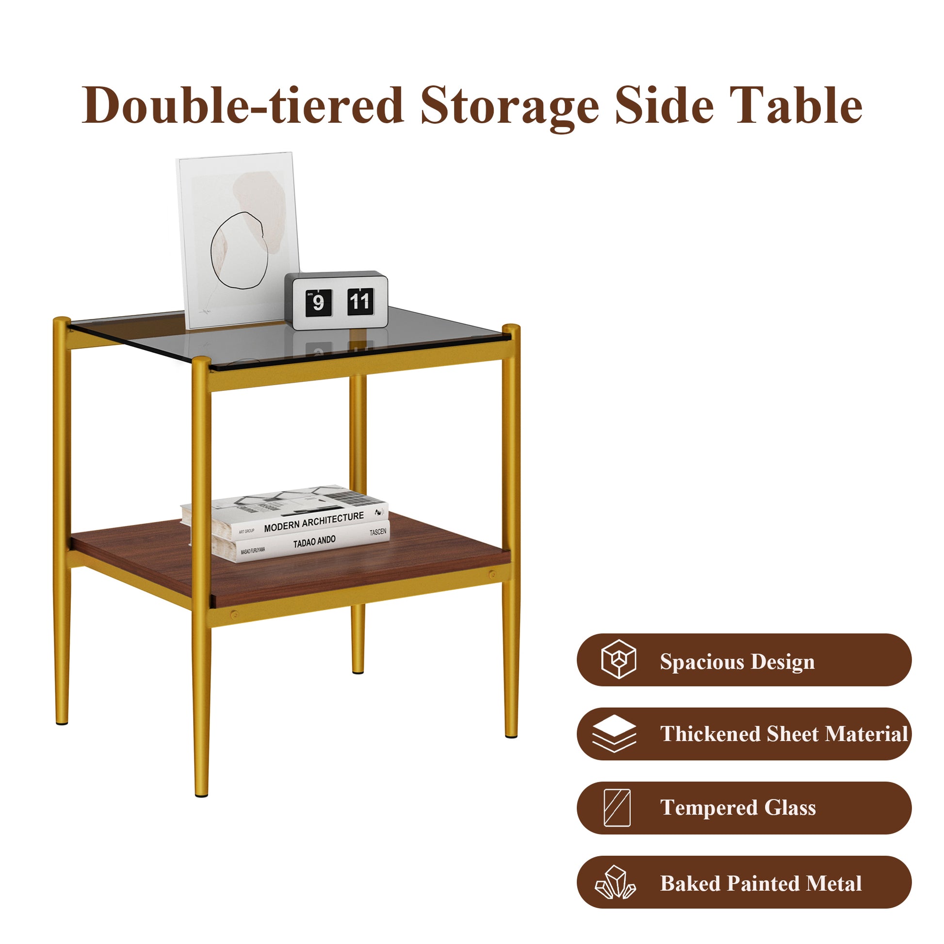 Set Of 2 Rectangle End Table, Tempered Glass Tabletop With Mdf Layer, Modern Table For Living Roomgray Glass Gray Tempered Glass