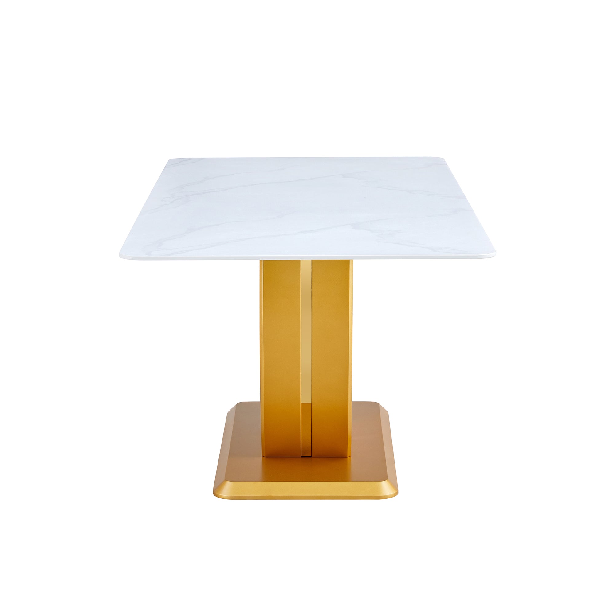 Table And Chair Set, Modern Minimalism And Luxurious White Rectangular Pattern Dining Table. Soft And Comfortable Dining Chairs For Dining Rooms, Living Rooms, Terraces And Kitchens. White Seats 6 Mdf Glass