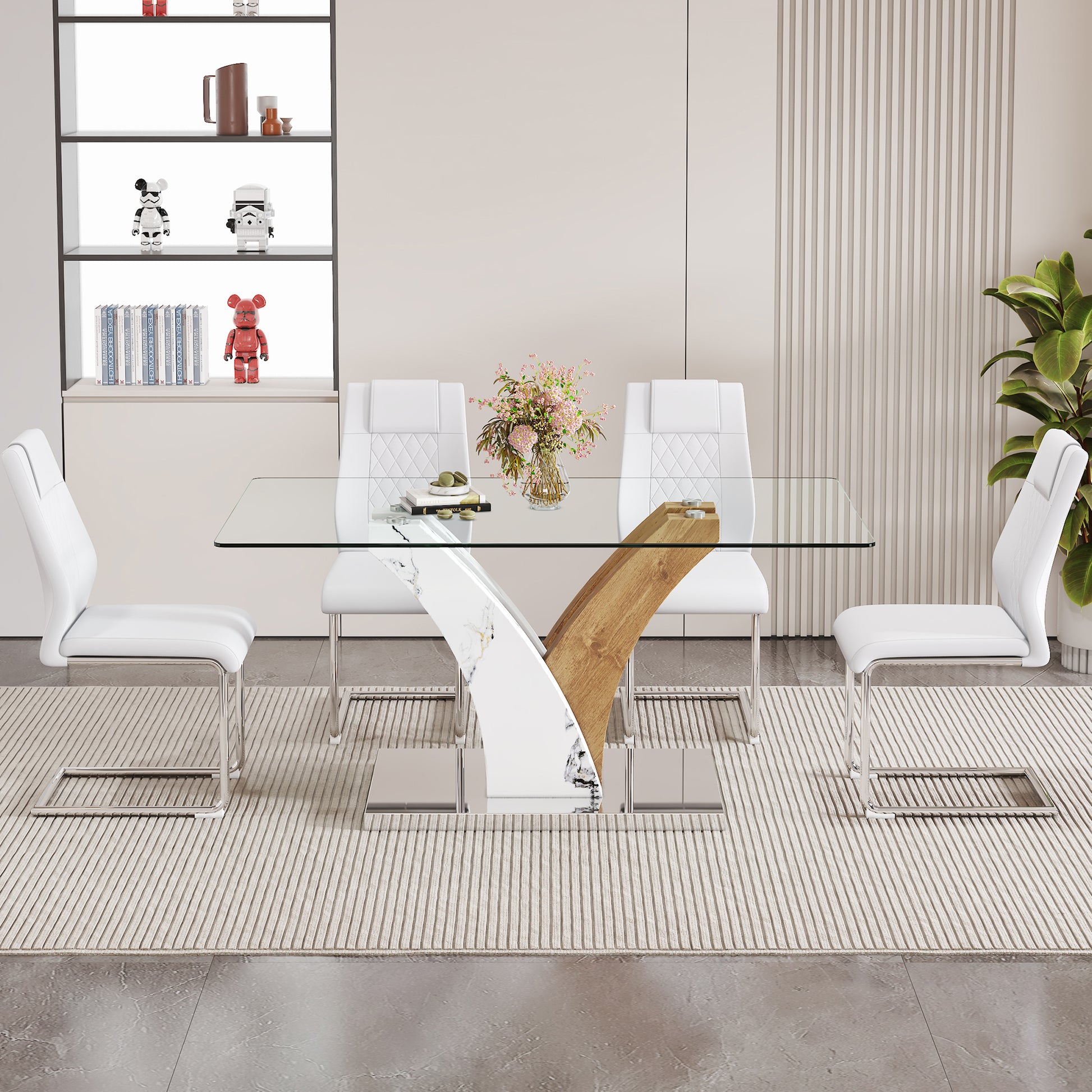 Table And Chair Set.Modern Dining Table, Tempered Glass Countertop With Artistic Mdf Legs.Paried With 4 Comfortable Chairs With Pu Seats And Metal Legs. Suitable For Various Decoration Styles. Transparent,White Seats 4 Mdf Glass