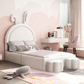 Twin Size Upholstered Rabbit Shape Bed With 2 Storage Stools, Velvet Platform Bed With Cartoon Ears Shaped Headboard, White Twin White Wood