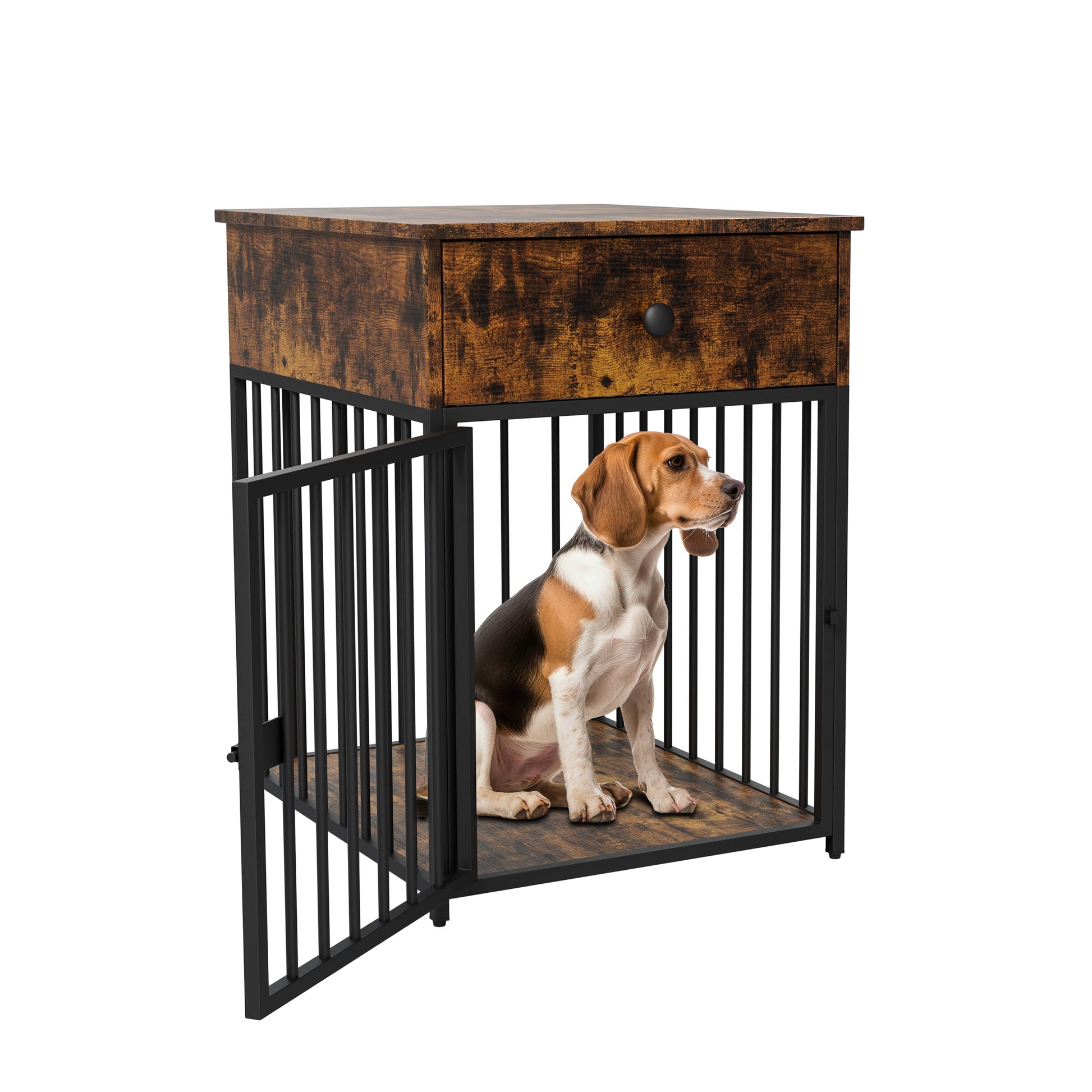 Dog Crate Furniture, Dog House, Decorative Dog Kennel With Drawer, Indoor Pet Crate End Table For Small Dog, Iron Tube Dog Cage, Chew Proof Brown Mdf