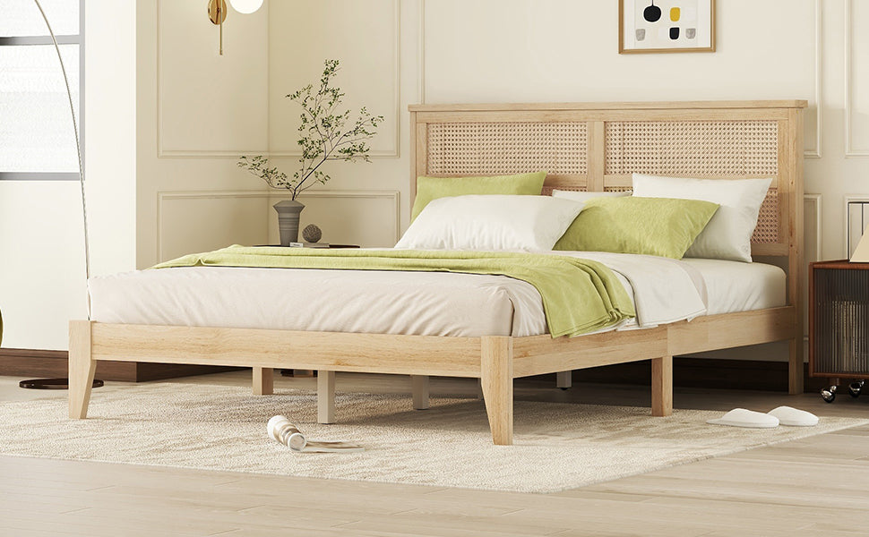 Queen Size Rubber Wooden, Solid Wooden Bed With Rattan Headboard, Enhanced By Support Feet Queen Natural American Design Rubber Wood