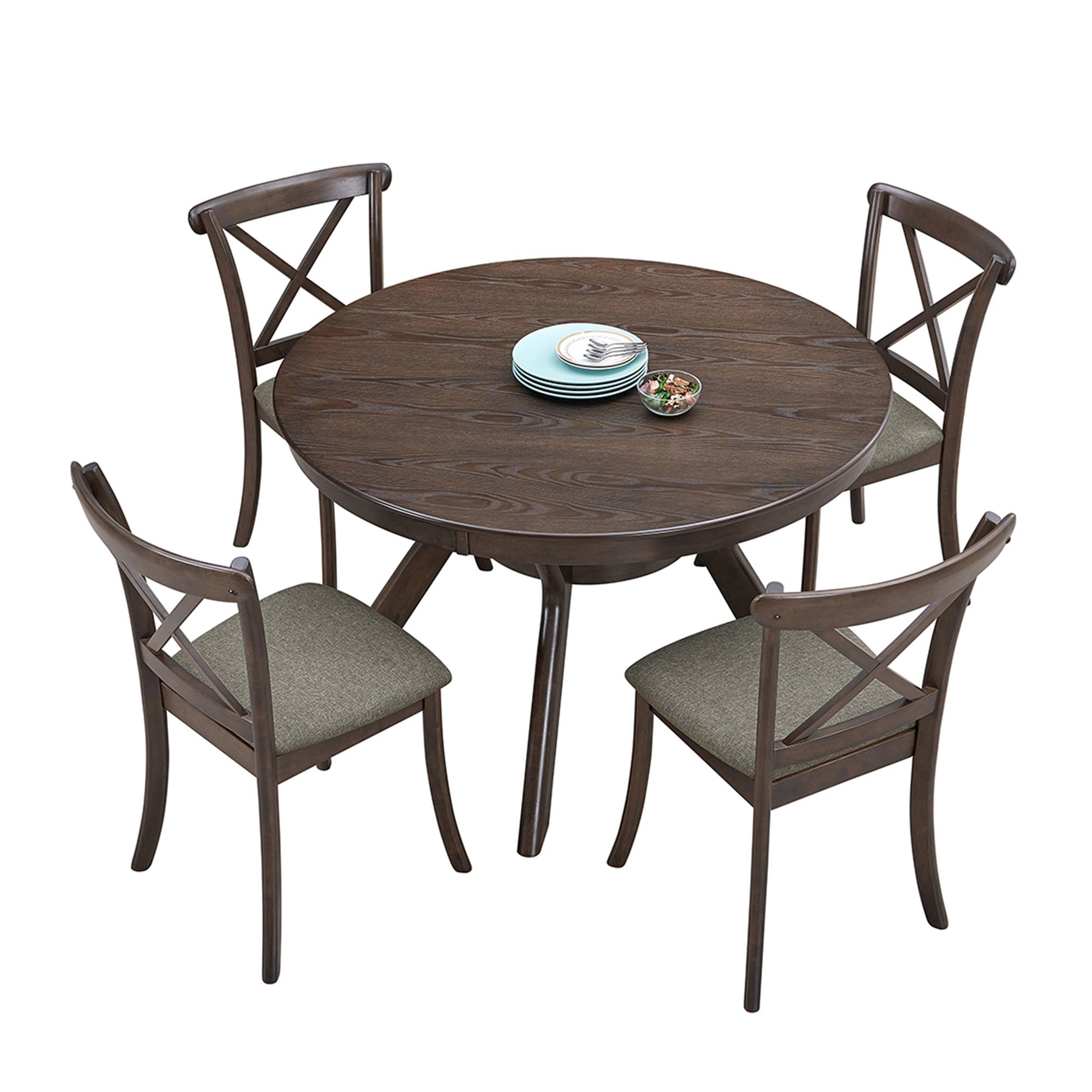 Wooden Dining Table Set, Mid Century Modern Round Rubber Wood Kitchen Table And Cross Back Upholstered Dining Chairs For Dining Room, Kitchen, Saving Space 1 Table With 4 Chairs , Dark Brown Dark