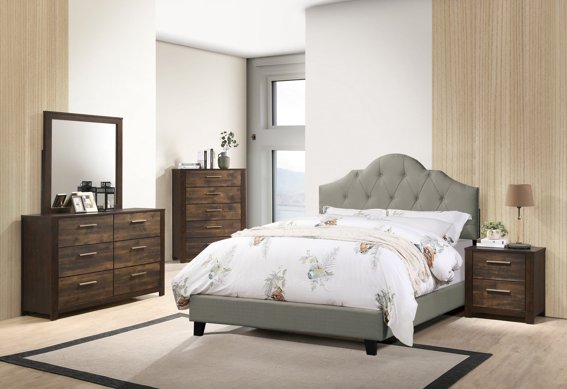 Majestic Arch 1Pc Queen Size Bed Adjustable Hb Grey Polyfiber Tufted Upholstered Wooden Bedframe Bedroom Furniture Box Spring Not Required Queen Gray Espresso Wood Bedroom