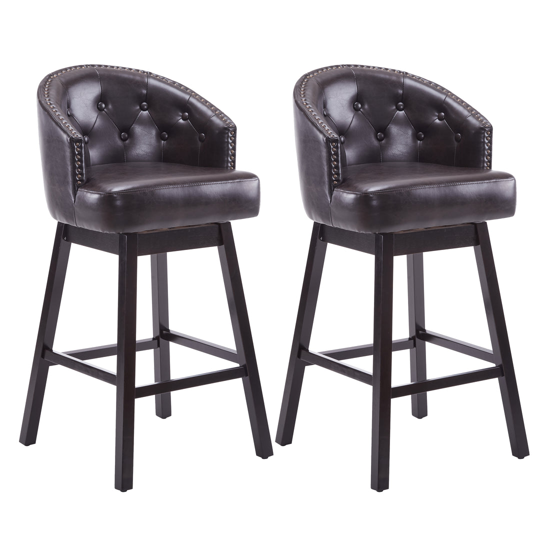 33.25" Swivel Counter Stools Set Of 2, Upholstered Counter Height Bar Stools With Solid Rubber Wood Frame, Backrest, Footrest, Armless Barstools For Home Bar, Kitchen Counter, Dark Brown Rubberwood