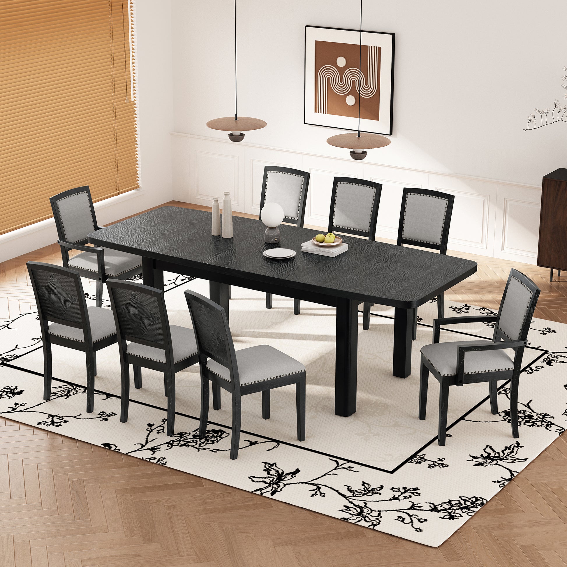 Rustic Extendable 84Inch Dining Table Set With 24Inch Removable Leaf6 Upholstered Armless Dining Chairs And 2 Padded Arm Chairs, 9 Pieces, Black Wood Dining Room Extendable Rubberwood Rectangular Dining Table With Chair Upholstered Chair Wood Black Gray