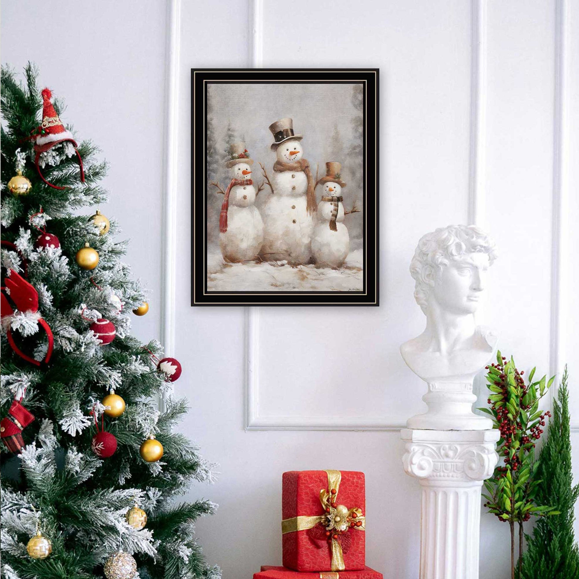 Three Snowman Pals Black Framed Wall Art For Living Room, Holiday Wall Art Print For Home Decor, Bedroom Wall Art By Jo Moulton Multicolor Wood Paper