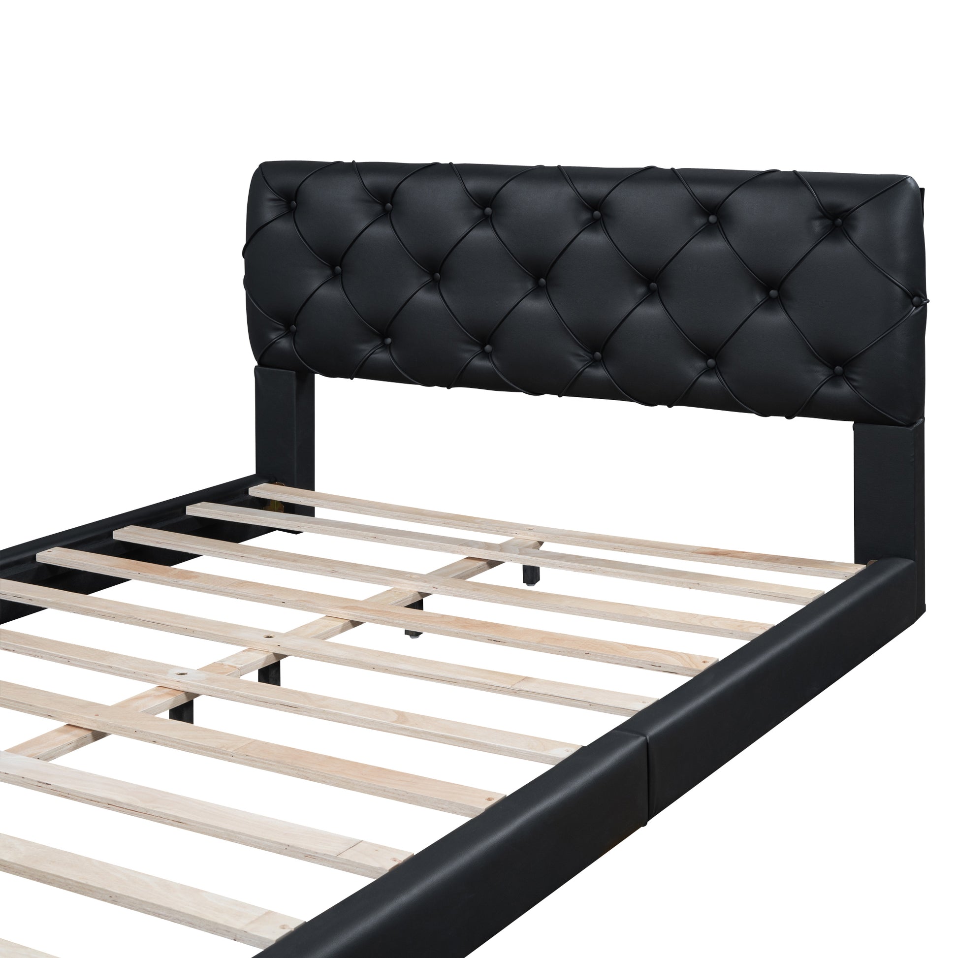 Queen Size Tufted Upholstered Platform Bed, Black Box Spring Not Required Queen Black Wood Bedroom Bed Frame Faux Leather Upholstered