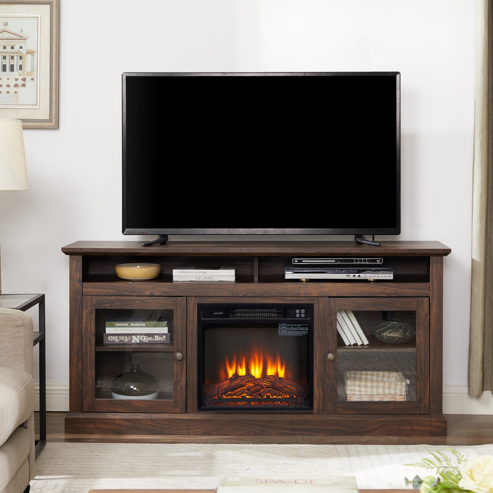 Modern Tv Stand Tv Media Stand Modern Entertainment Console With 18" Fireplace Insert For Tv Up To 65" With Open And Closed Storage Space, Brown, 60"W*15.75"D*29"H Brown 60 69 Inches Mdf