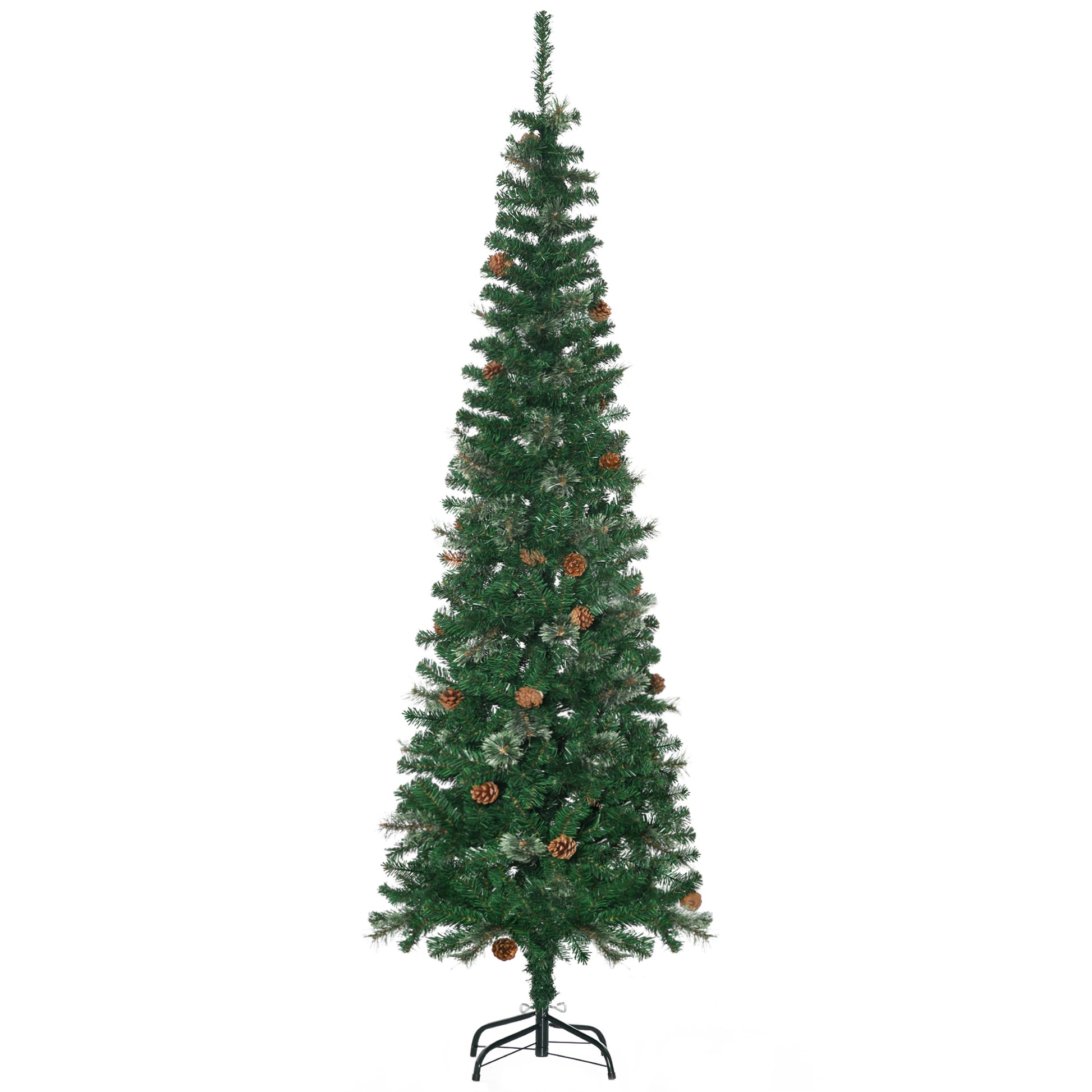 Homcom 6.5 Foot Pencil Artificial Christmas Tree, Slim Pine Needles Xmas Tree With Realistic Branches, Pine Cones, Metal Base, Green Green Plastic