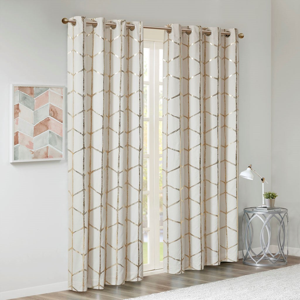 Total Blackout Metallic Print Grommet Top Curtain Panel Pair 2 Pcs Window Panels Ivory Gold Microfiber